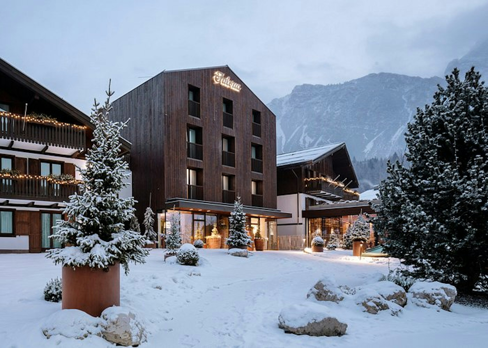 Exterior shot of Faloria Mountain Spa Resort in the winter