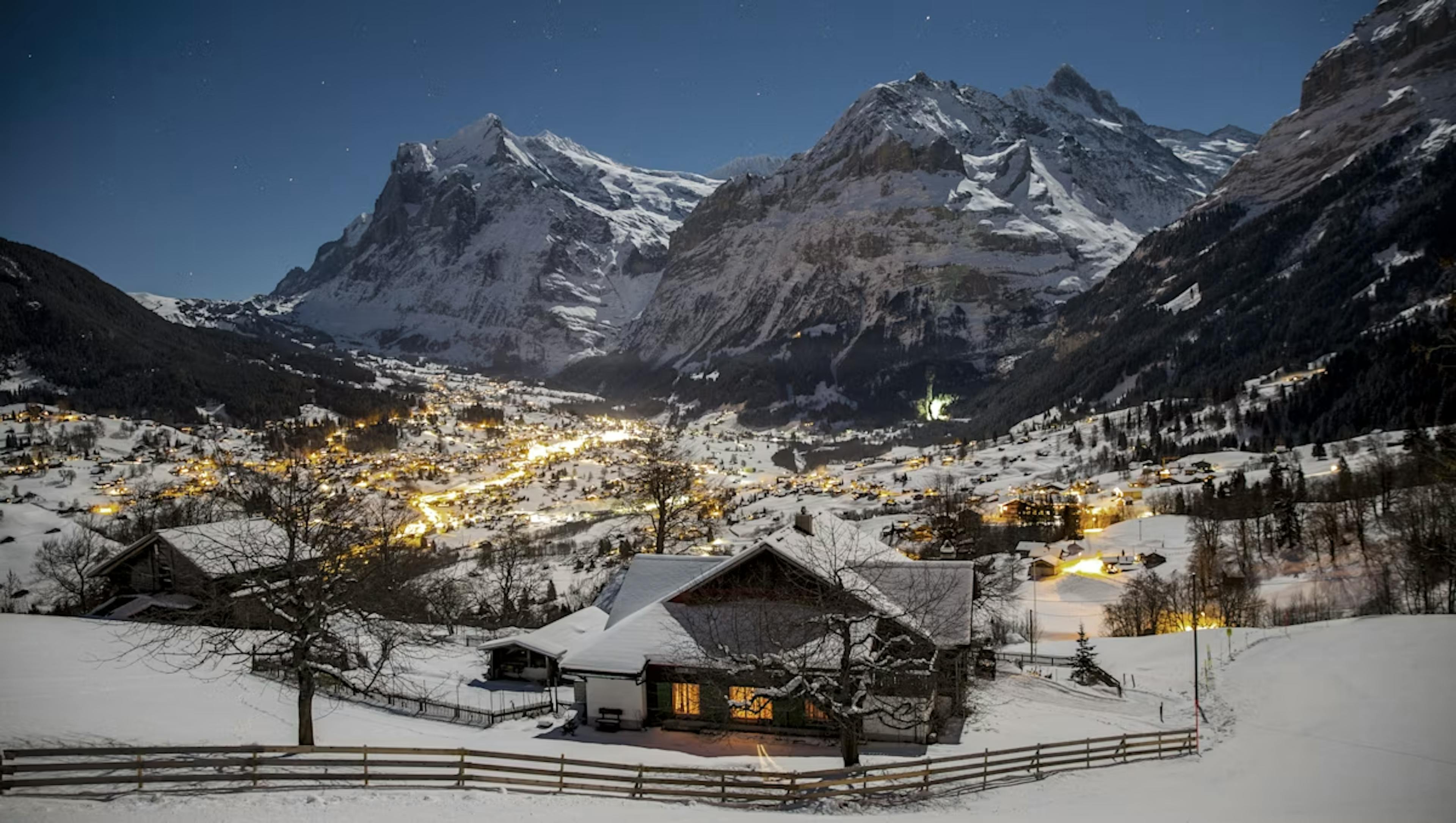 View of the village of Grindelwald in the evening