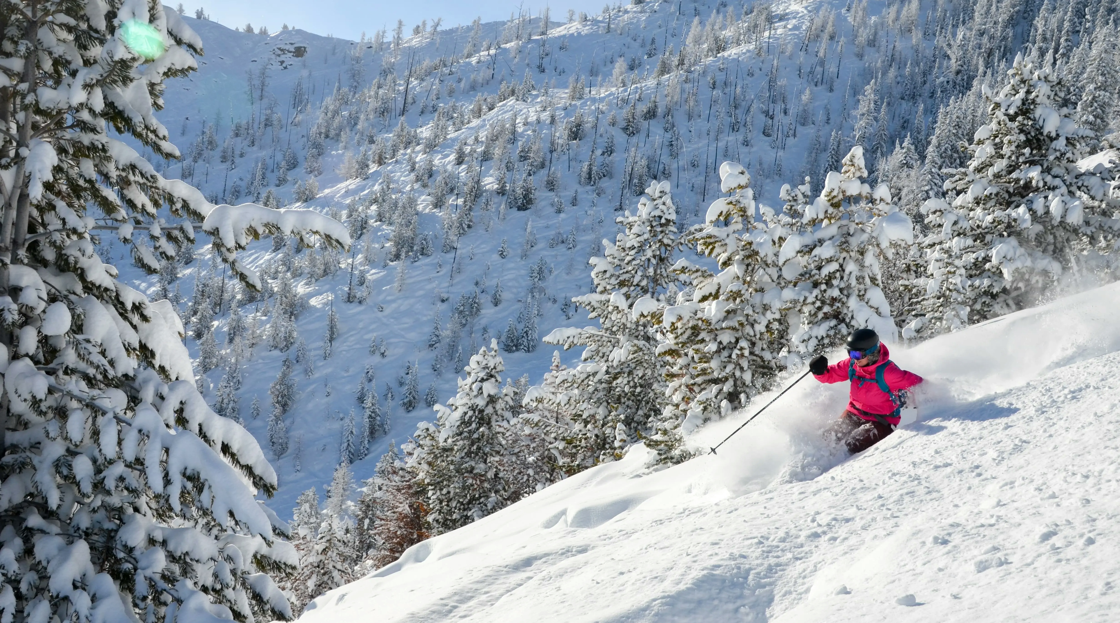 Skier in red jacket skiing the slopes at Panorama Mountain Resort