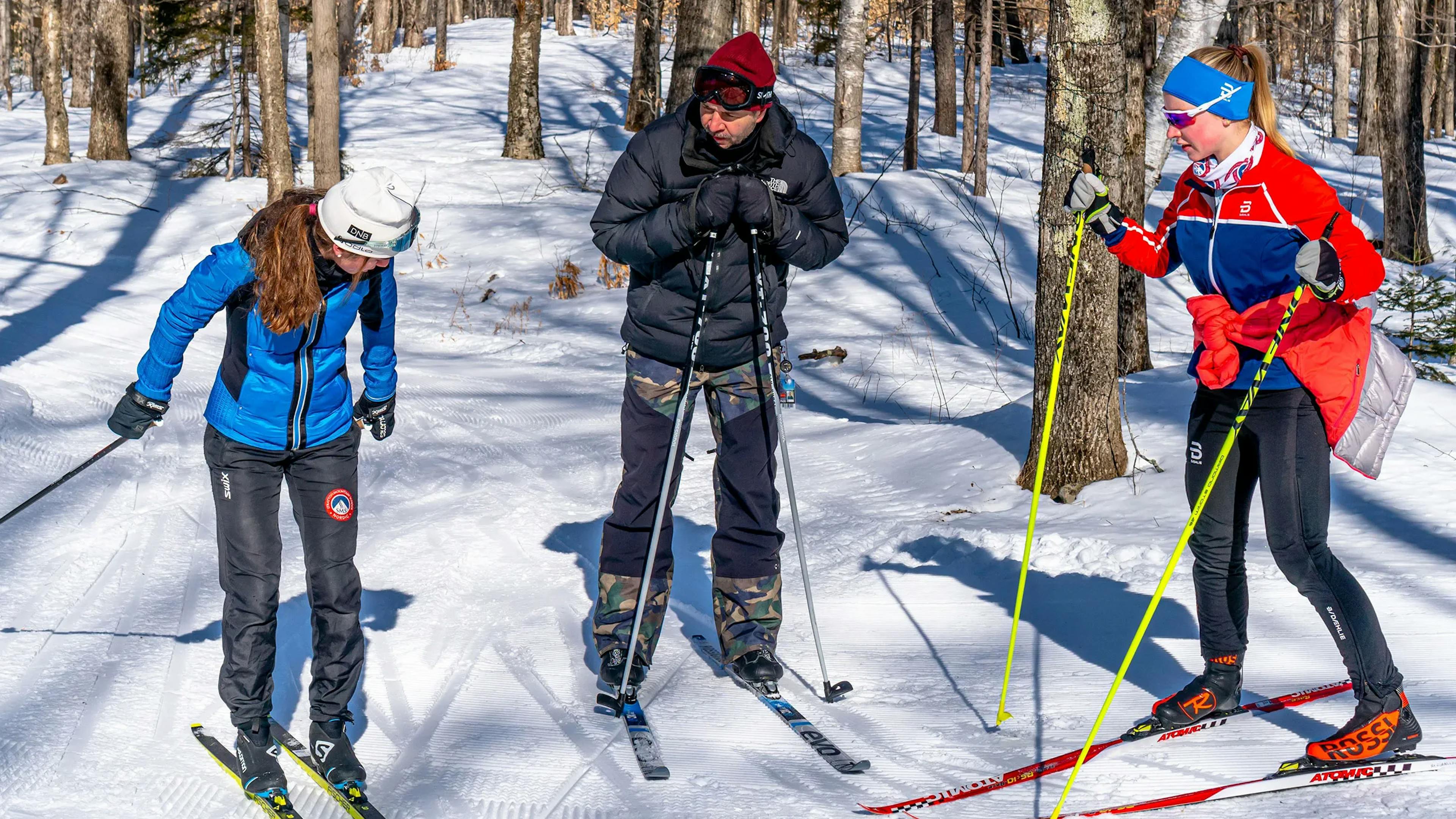 Two skiers enjoying a ski lesson in Stratton, Vermont