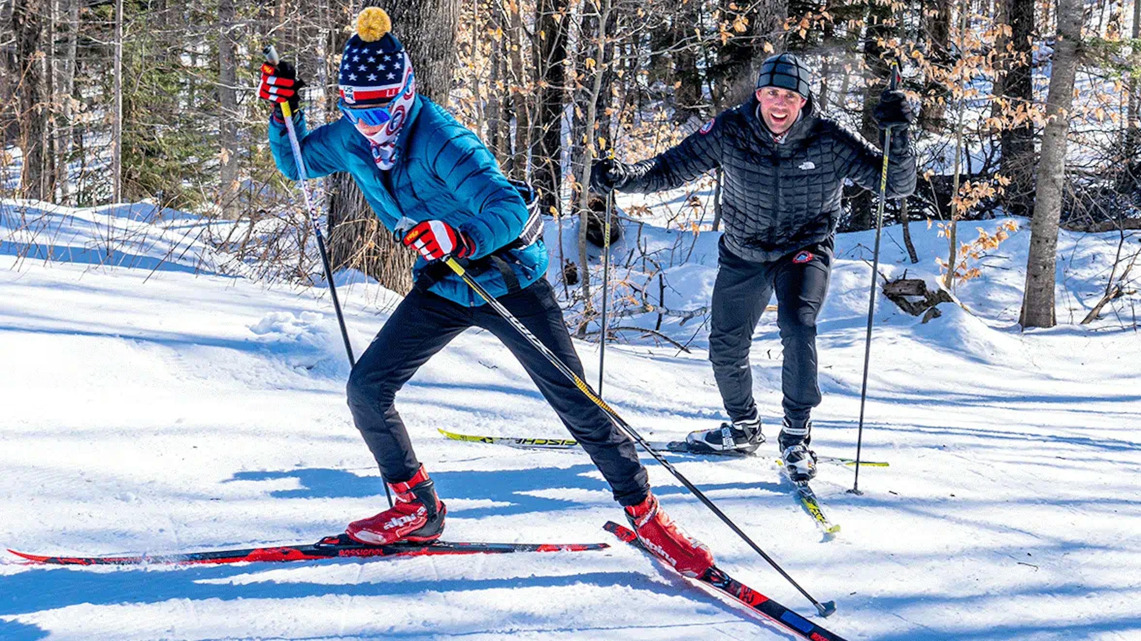 Two skiers partaking in Nordic skiing in Stratton, Vermont