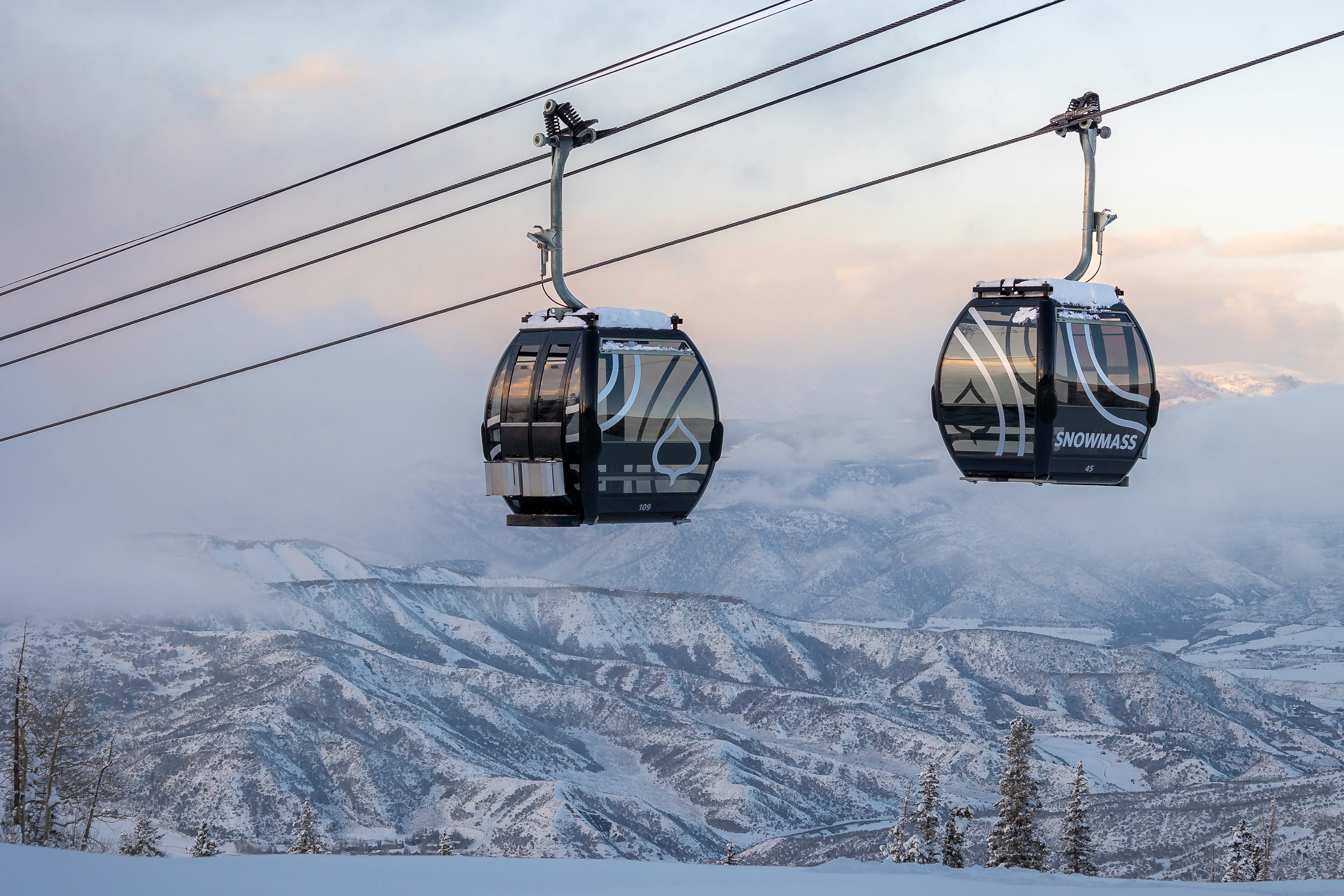 The Silver Queen Gondola at sunset on Aspen Mountain.