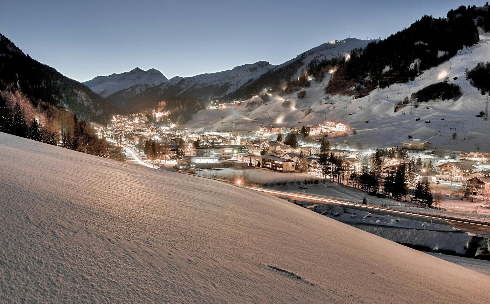 Village of St. Anton am Arlberg in the evening.