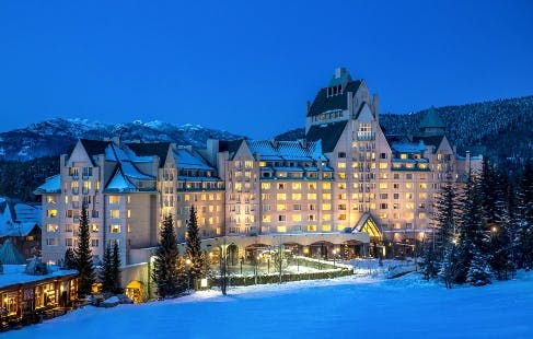 Twilight at Fairmont Château Whistler at Whistler Blackcomb in British Columbia, Canada.