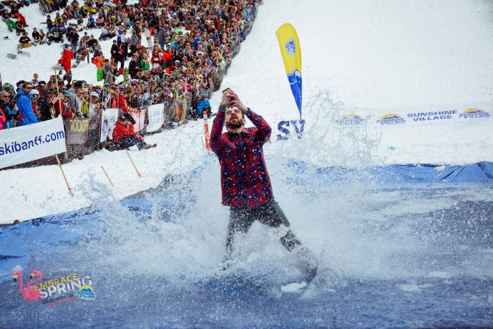 Banff slush cup, Sunshine Village pond skimming