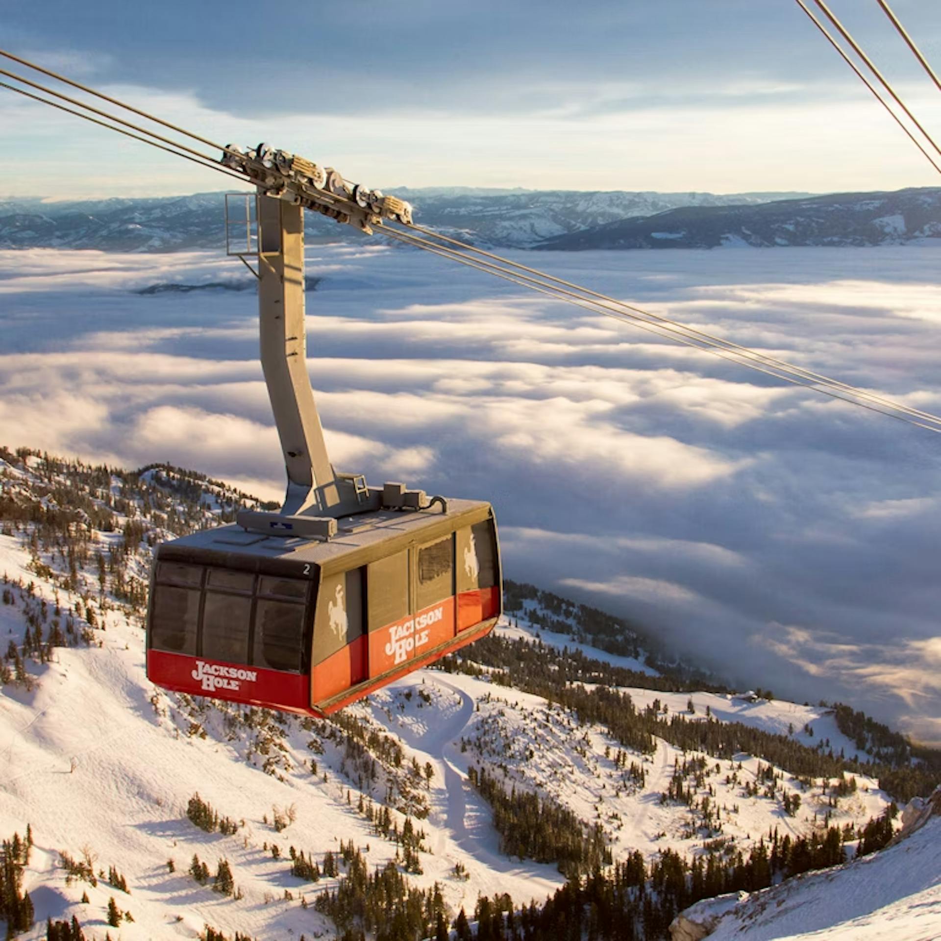 A cable car ascends the scenic mountains of Jackson Hole