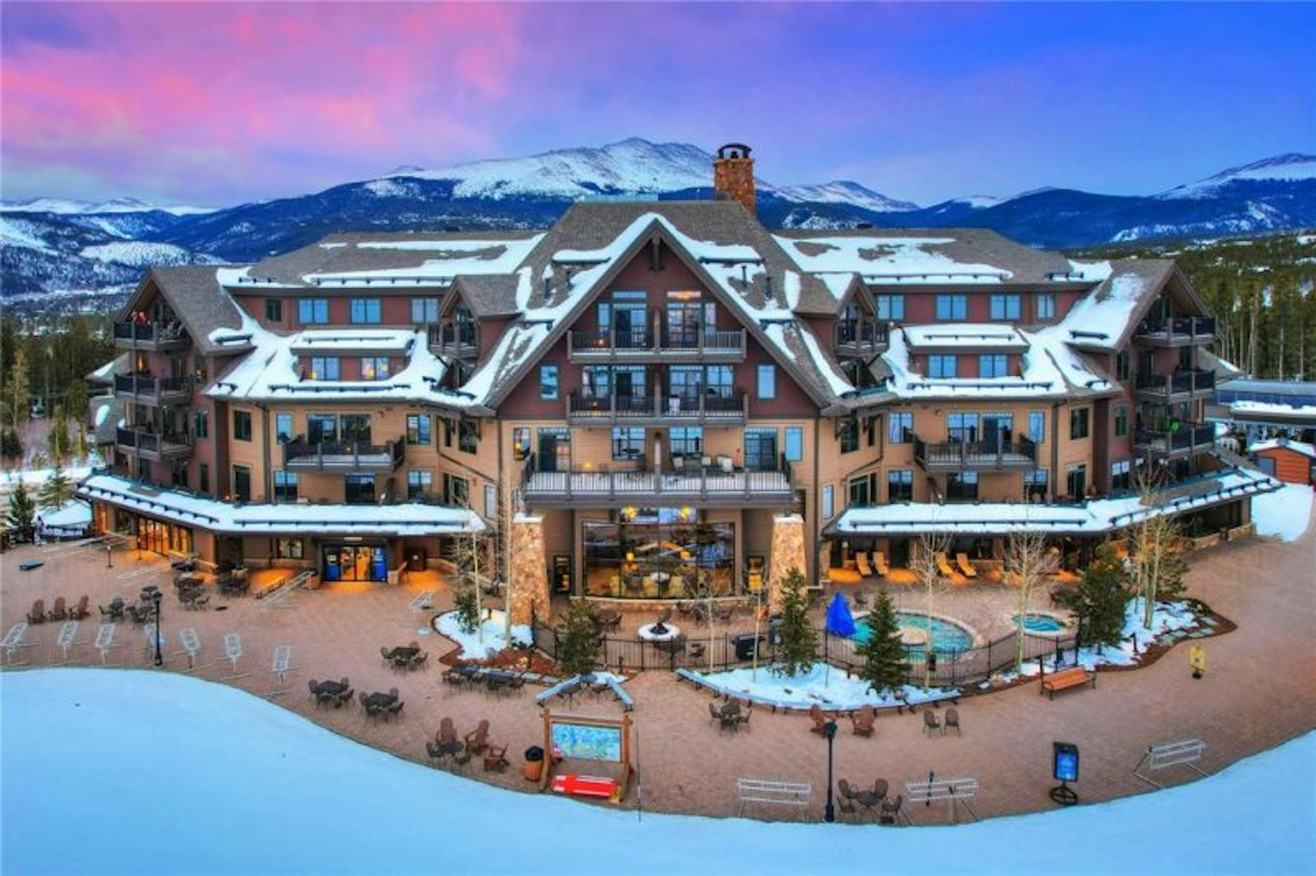 Exterior of Crystal Peak Lodge in winter