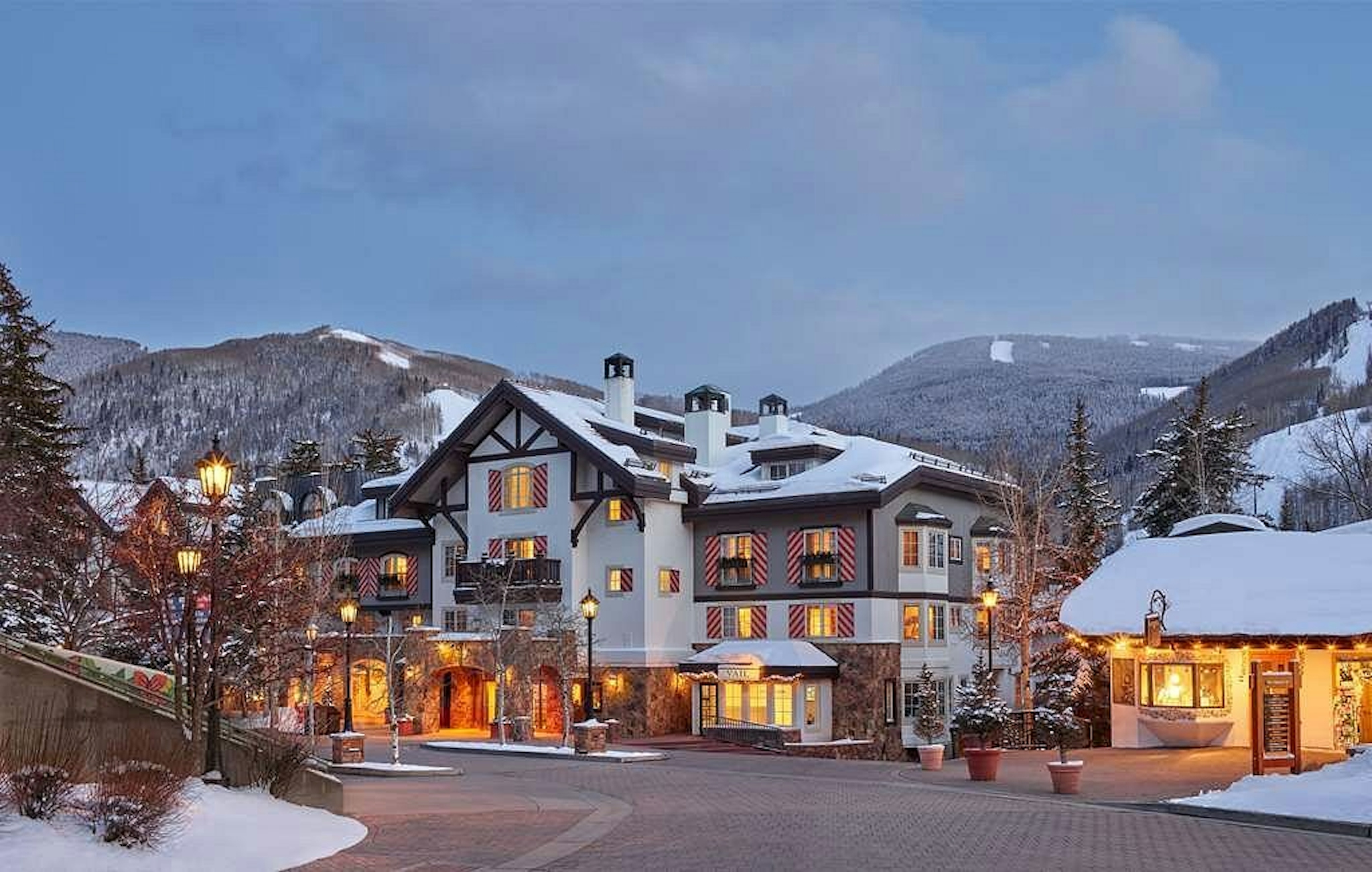Exterior of Evergreen Lodge at Vail in winter