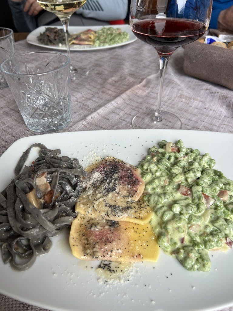 Pasta dishes at a refugio in Cortina