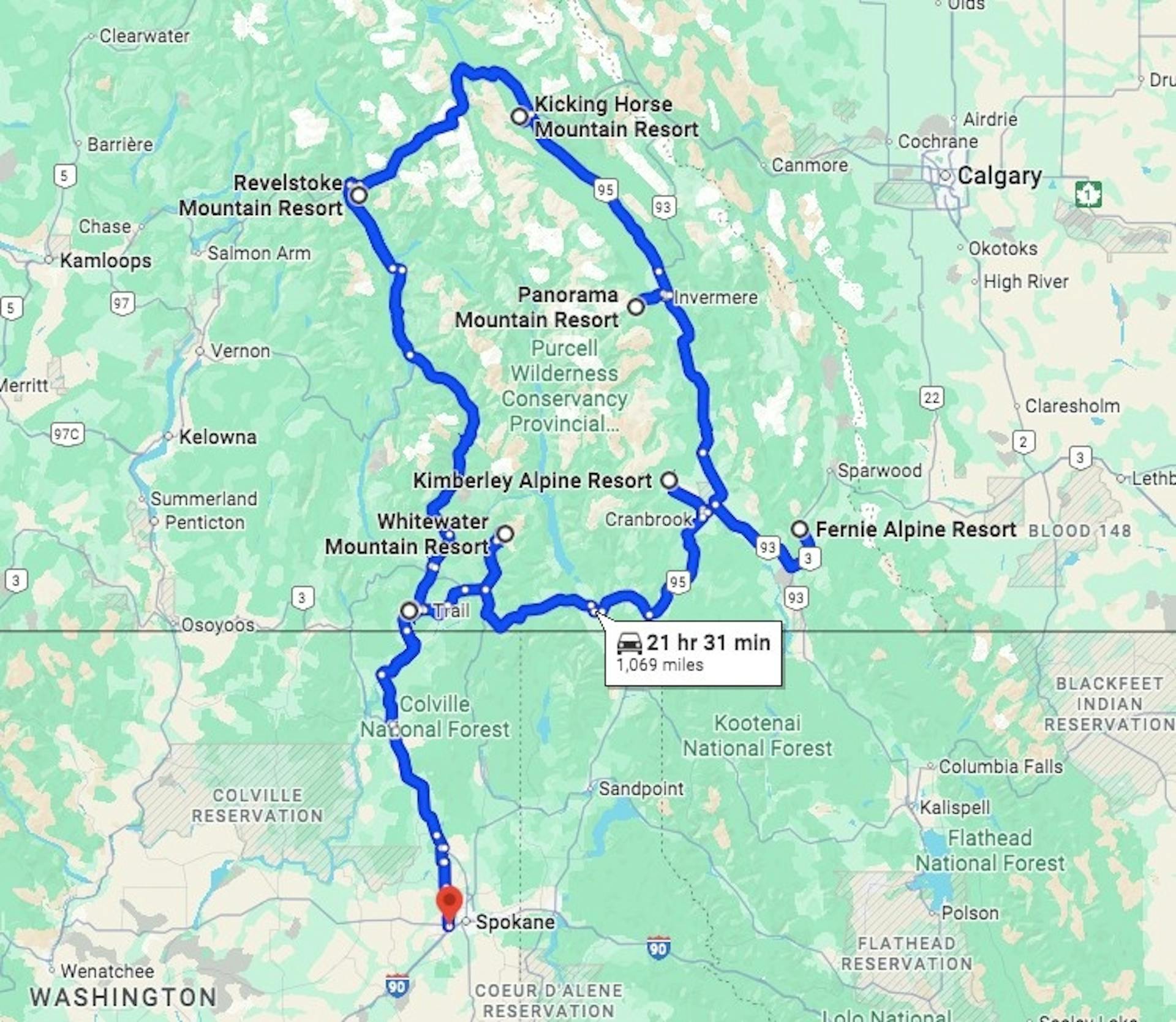 Google maps itinerary for the ultimate Powder Highway road trip