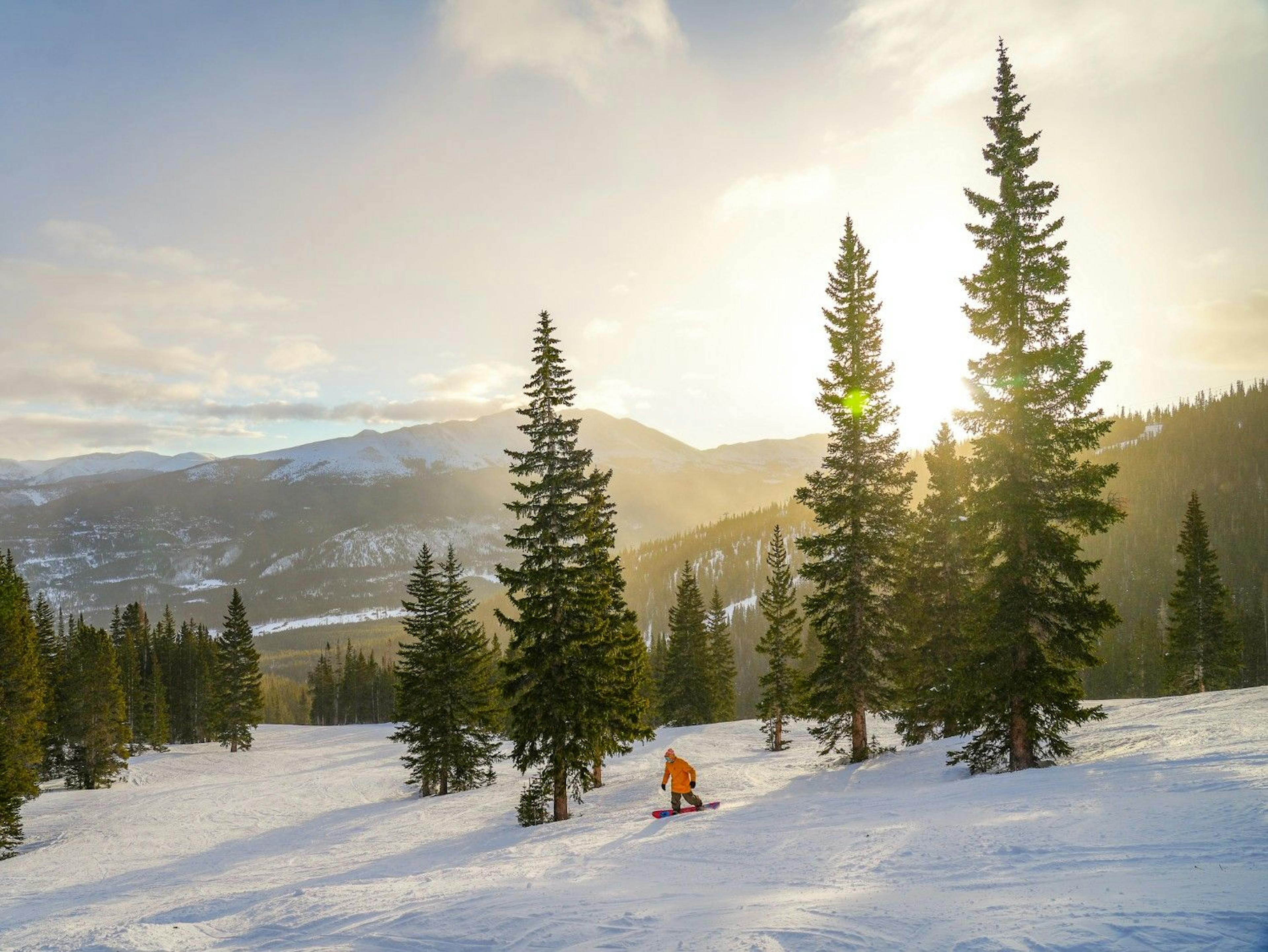 A snowboarder shredding down a cruiser on a sunny day at Breckenridge resort