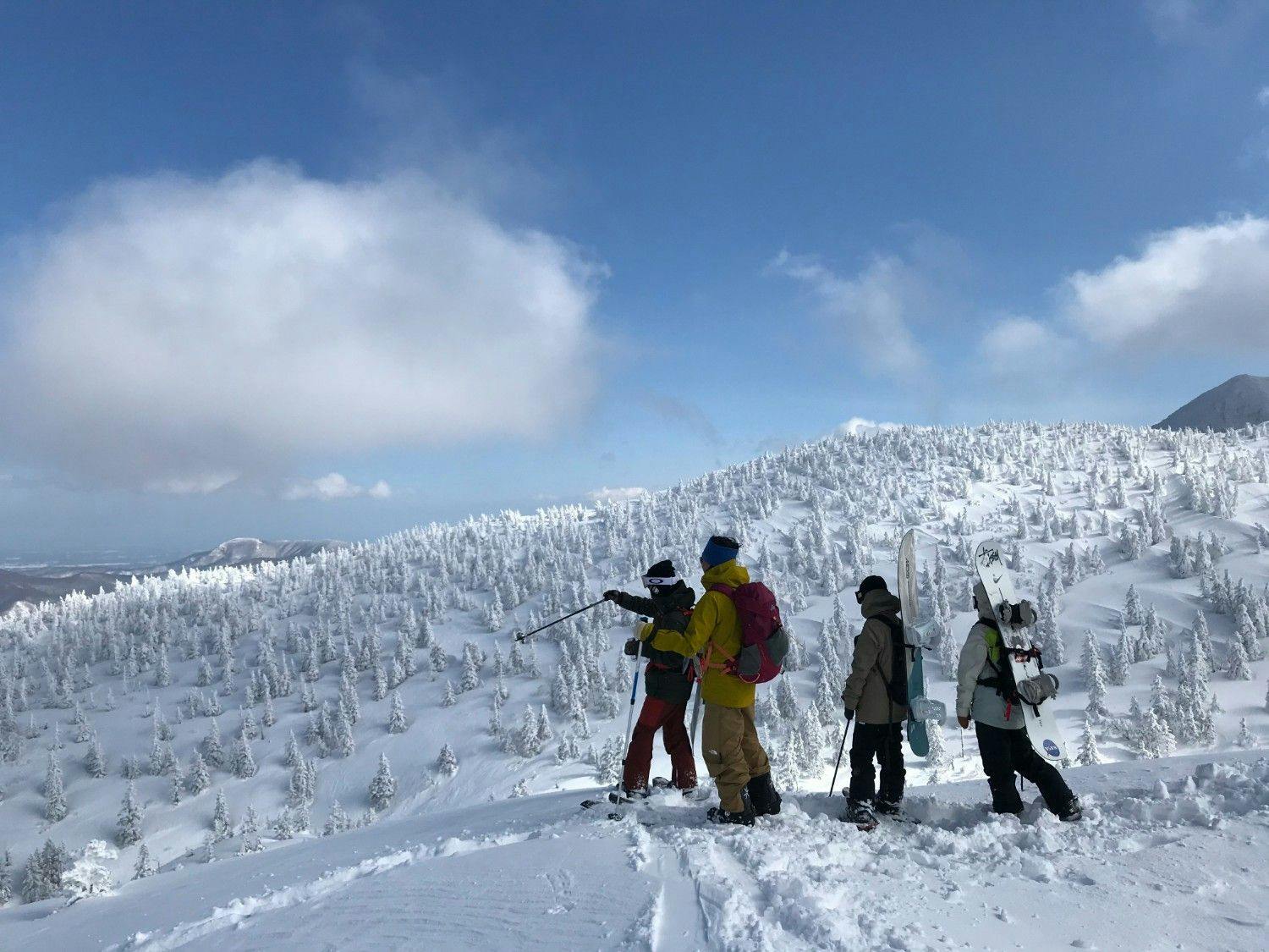 Group of 4 backcountry skiers and snowboarders plotting their route standing on a snowy mountain