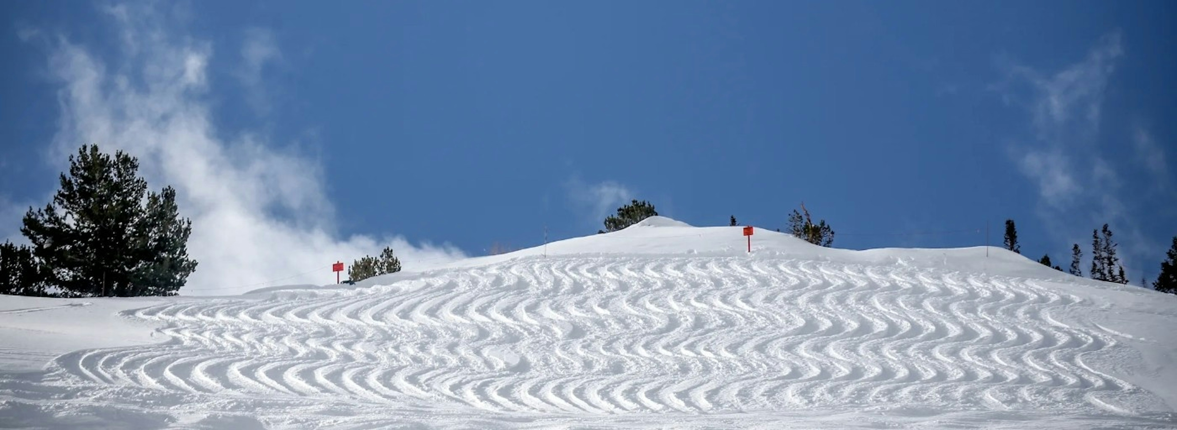 Lines of squiggly ski tracks left behind by David Van Dame on a snowy powder slope at Alta Ski Resort