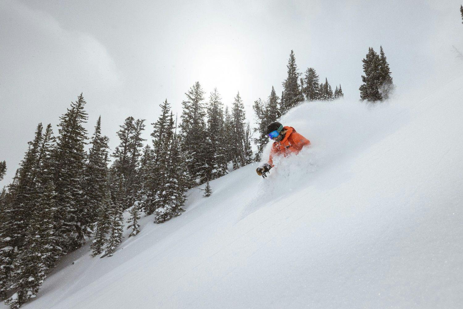 Skier skiing through waist-deep powder on the slopes of Jackson Hole Resort