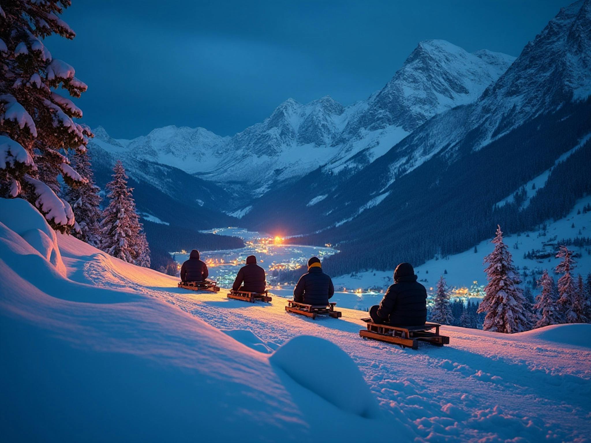 Four people sledding down a snowy hillside at twilight, overlooking a illuminated valley and majestic mountains.