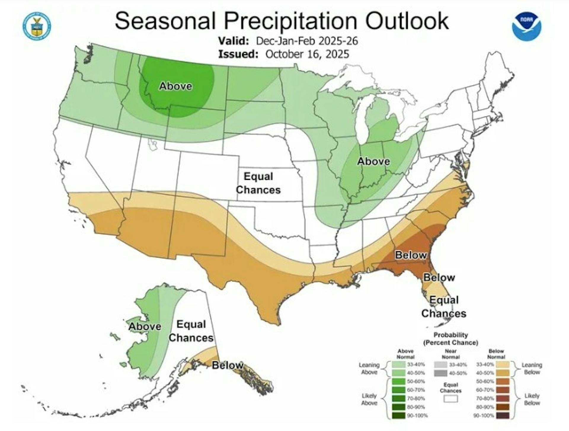 Seasonal Precipitation Outlook for 2025/26 shows higher than average precipitation in Northern U.S. States from Washington and Oregon to Michigan and Ohio 