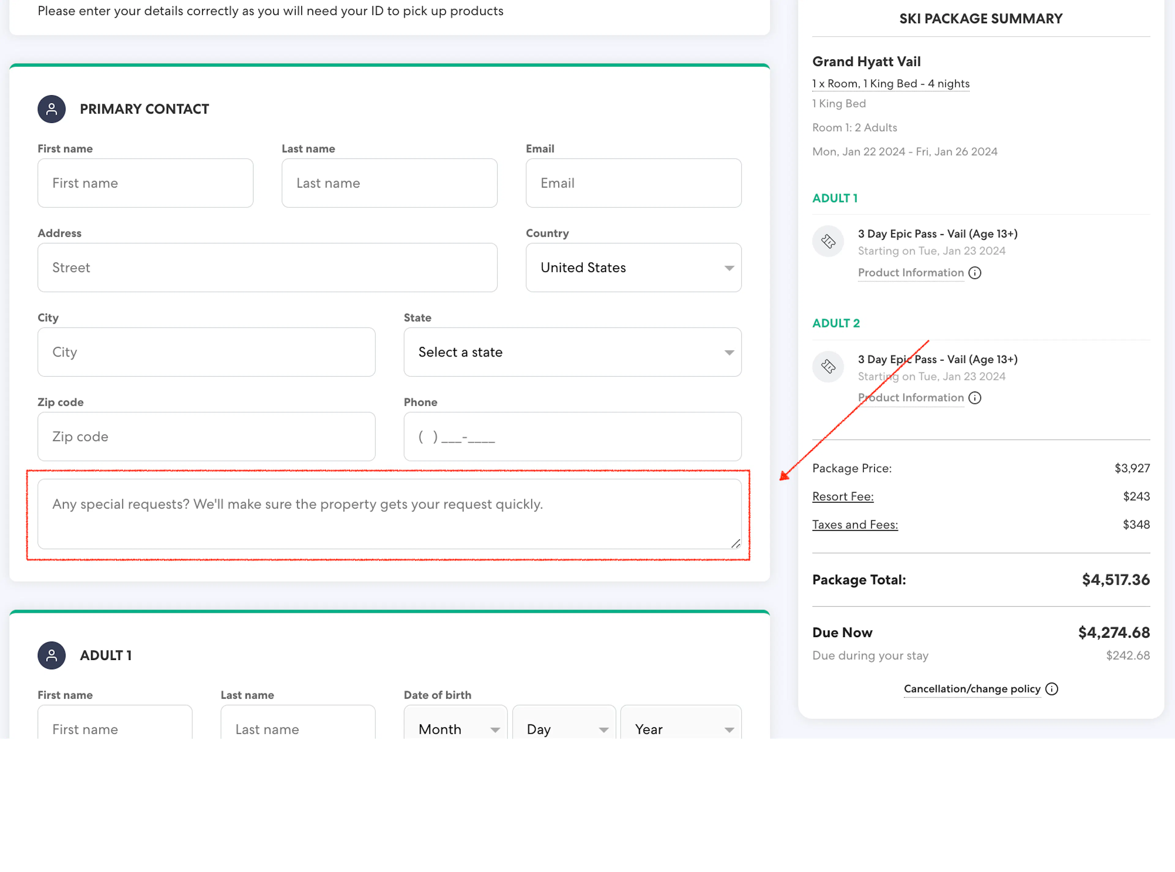 Adding special requests.