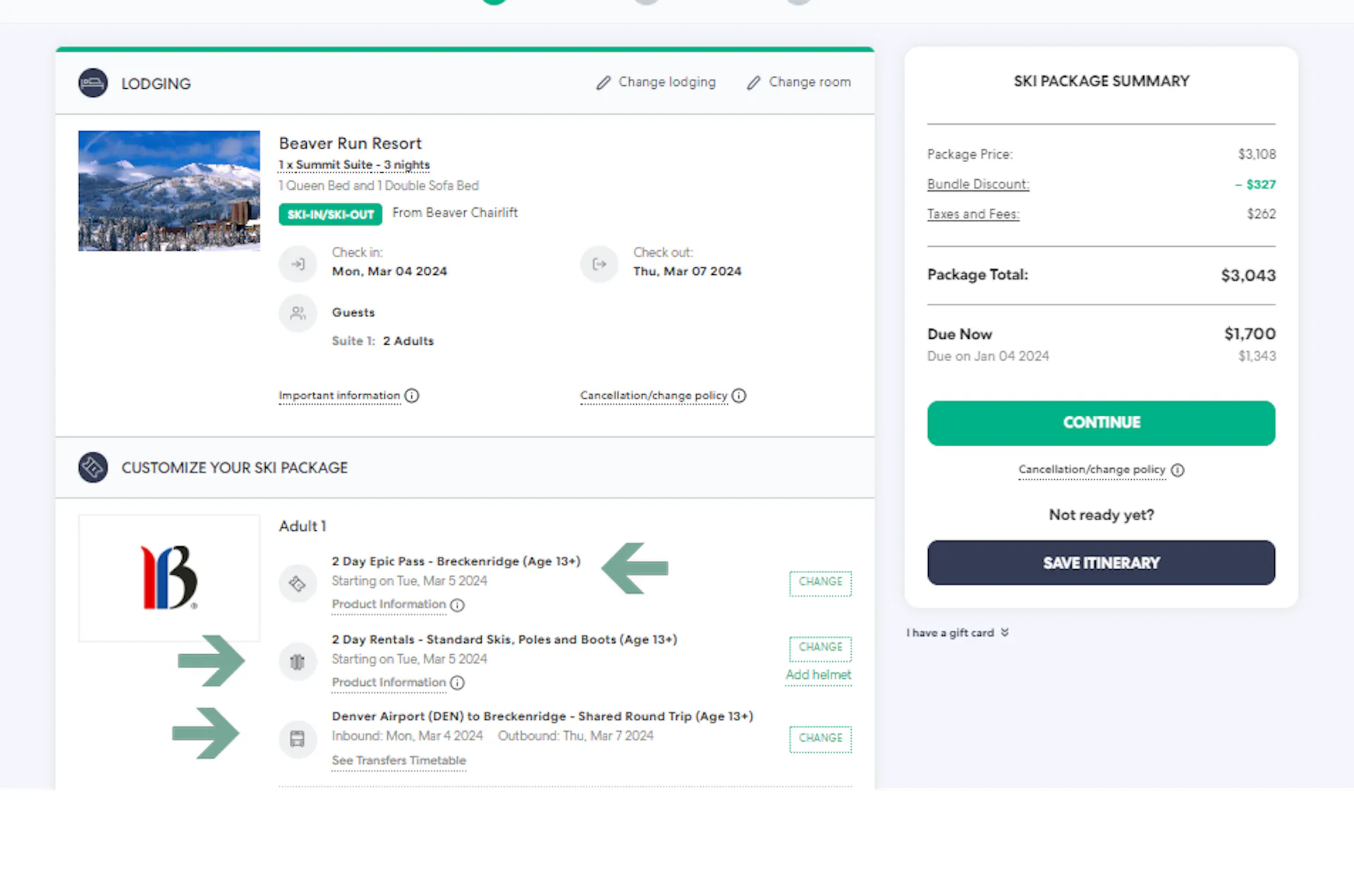 Breckenridge package booking example