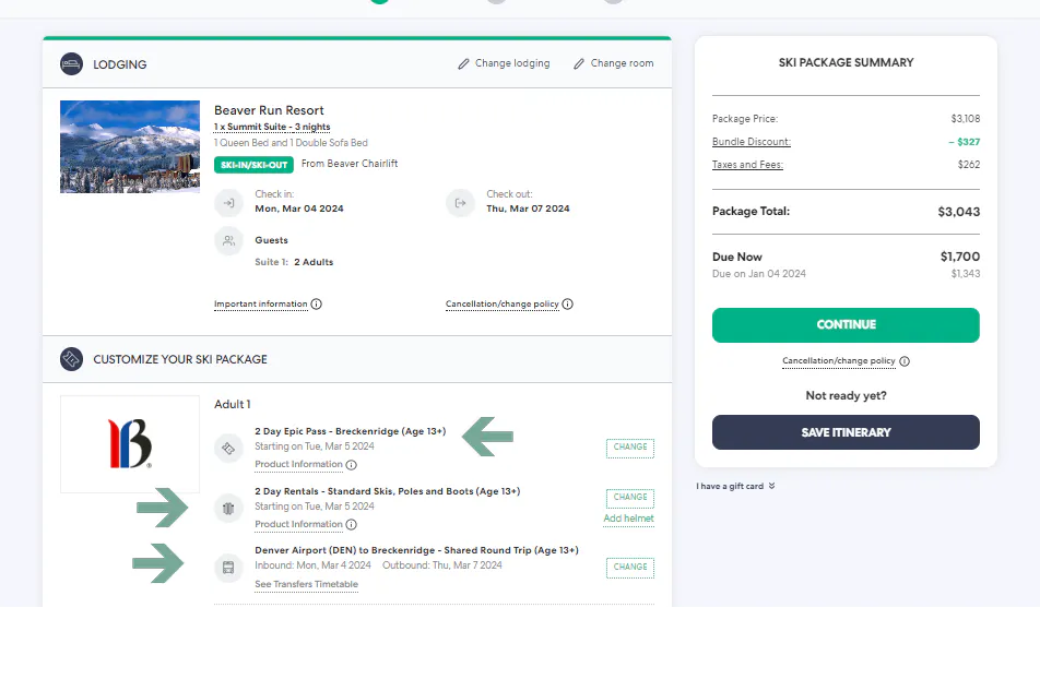 Breckenridge package booking example