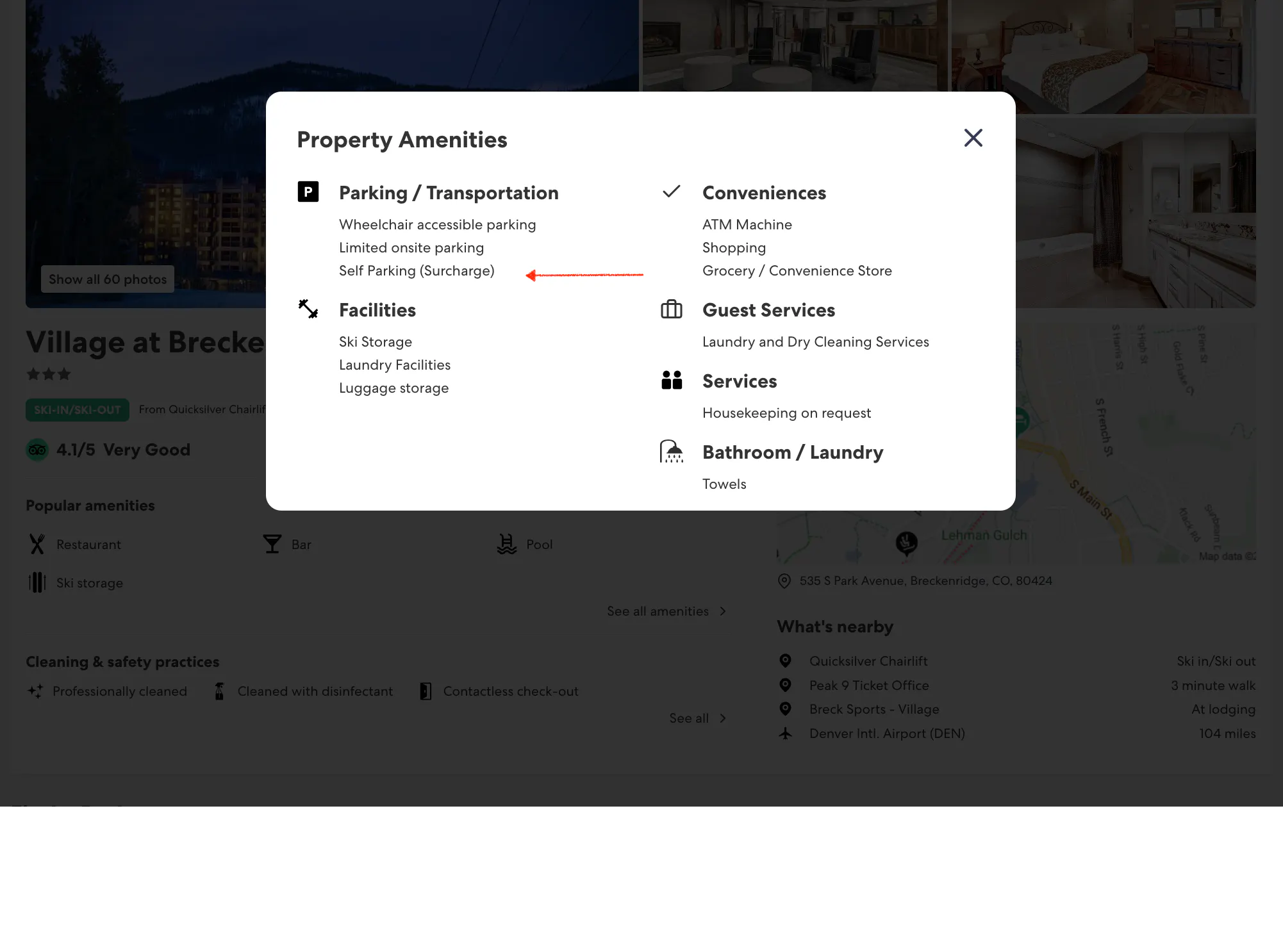 Property amenities popup.