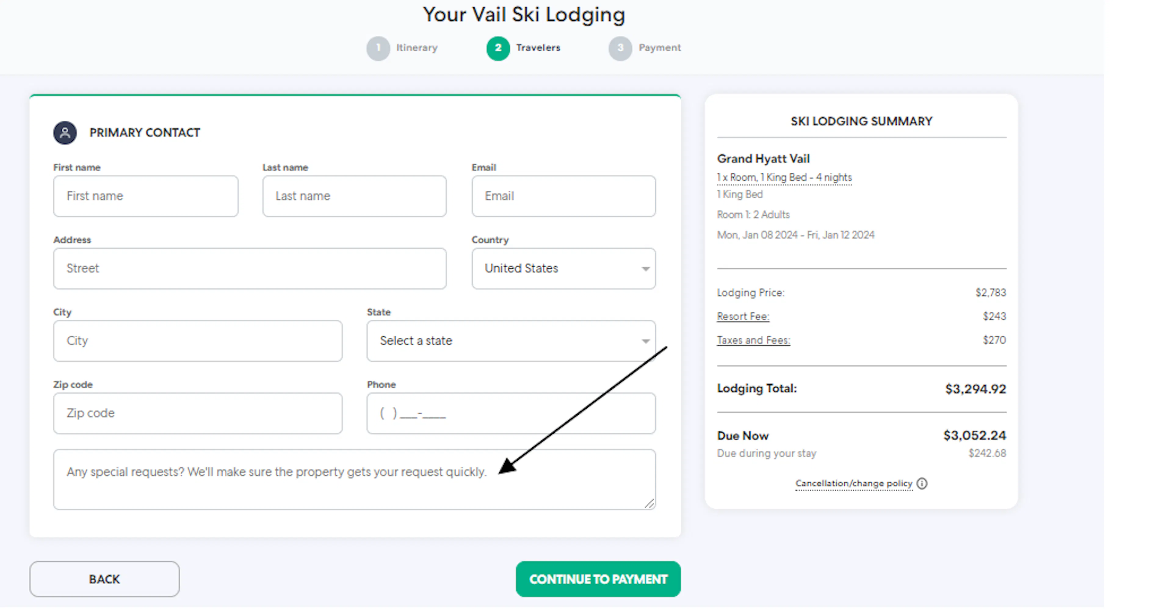 Adding special requests.