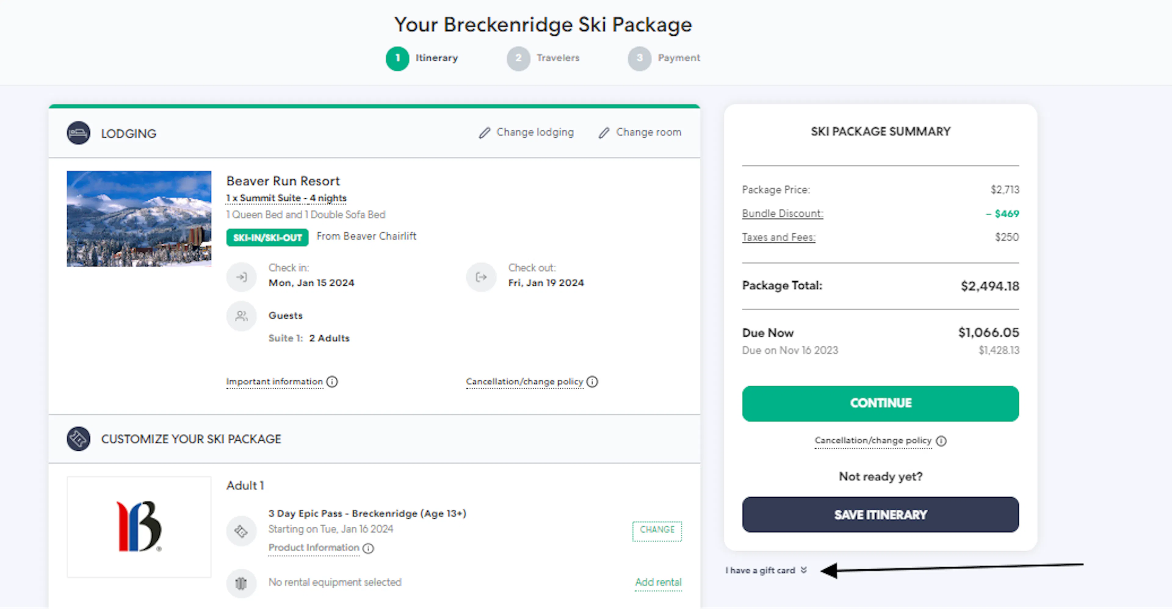 Adding gift card from Ski Package Summary.