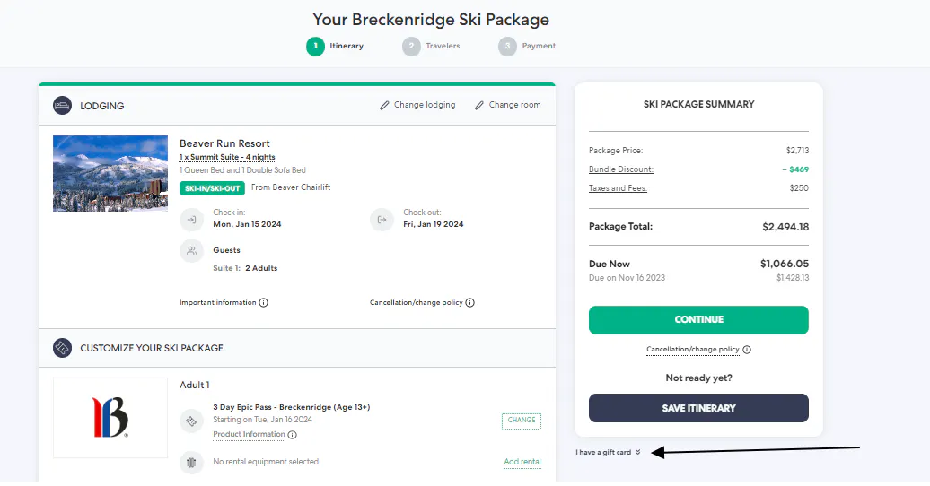 Adding gift card from Ski Package Summary.