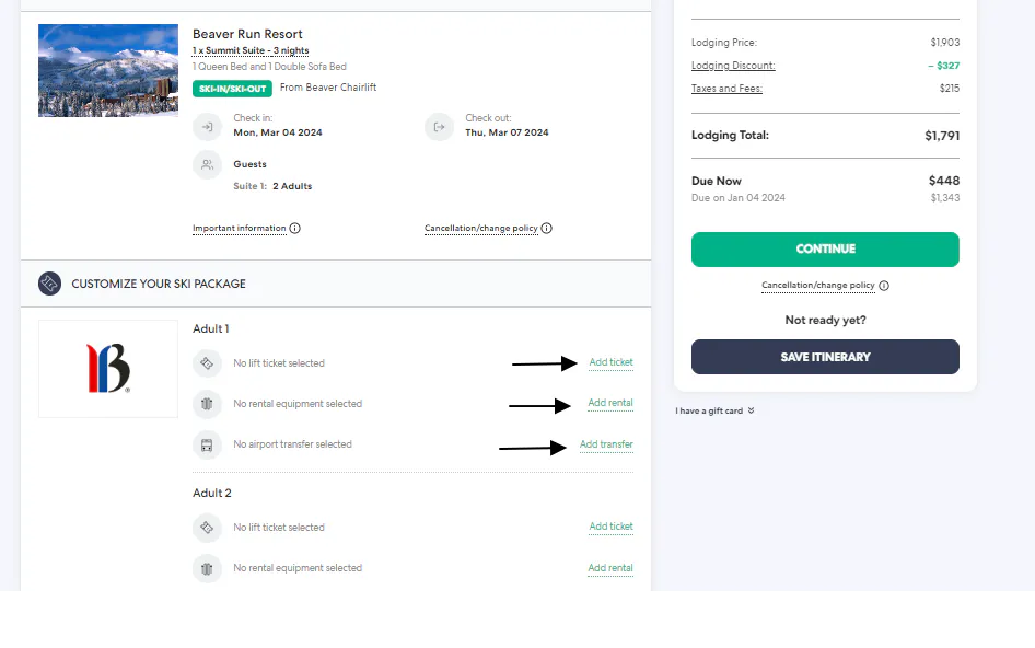Example of customizing ski package.