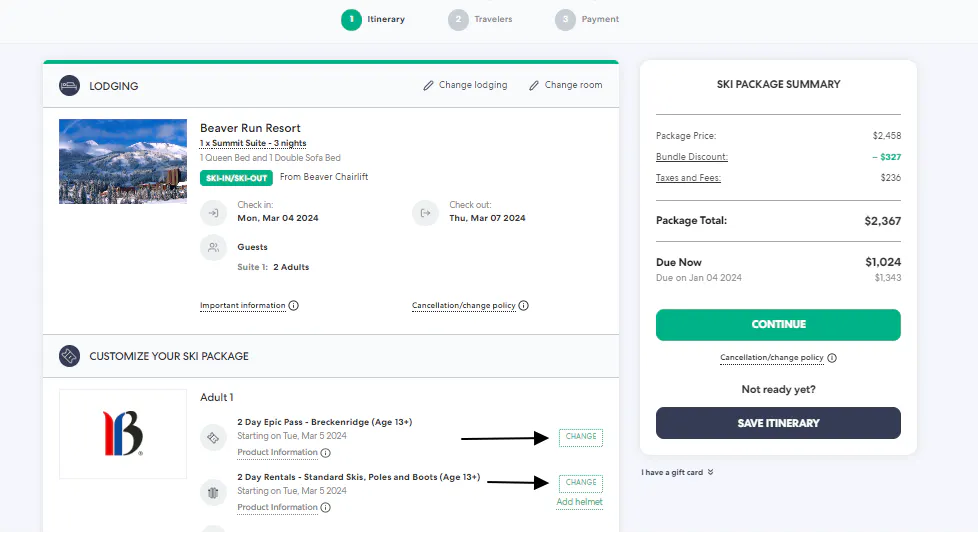 Example of customizing non-lodging products in itinerary.