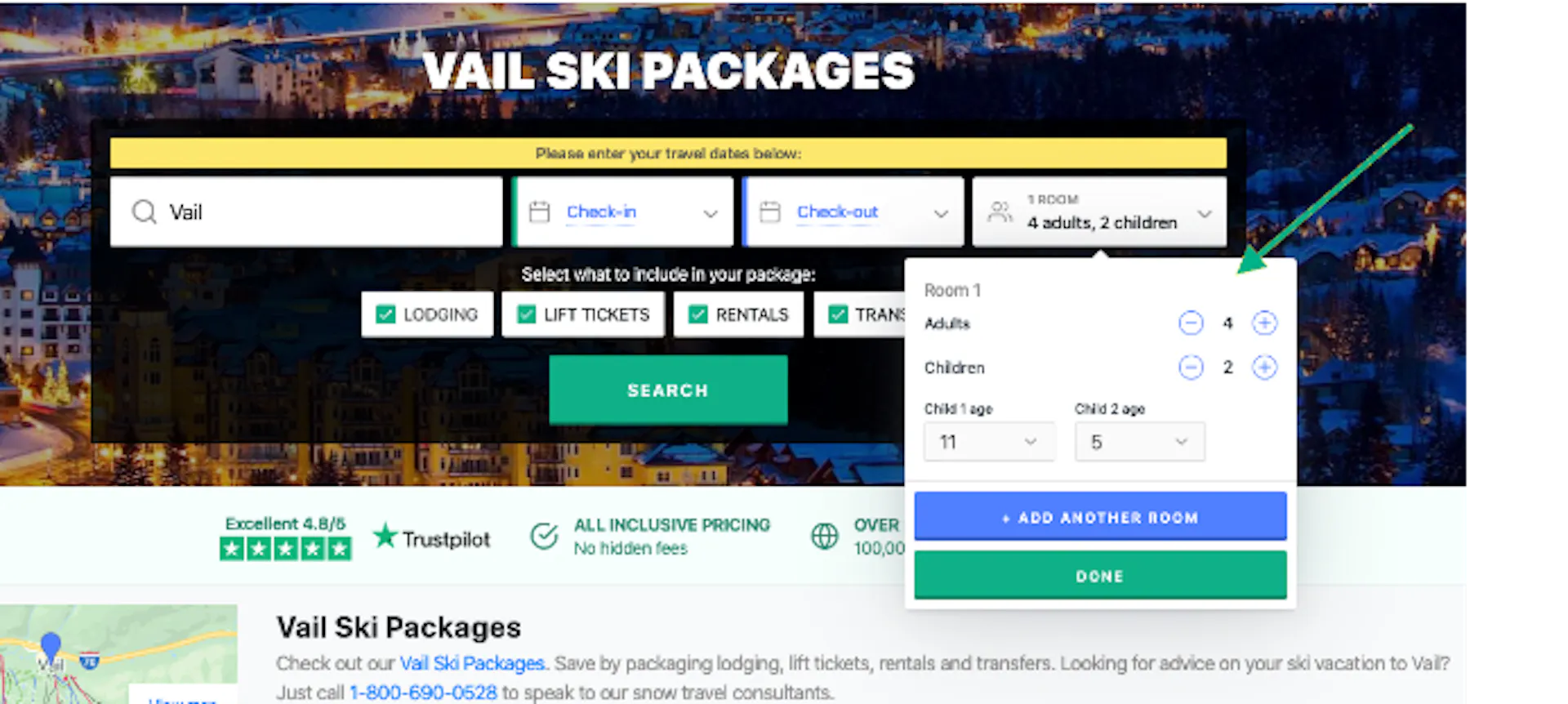 Selecting numer of guests per room.