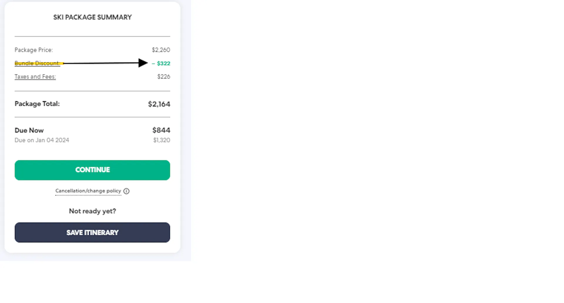 Bundle discount in Ski Package Summary.