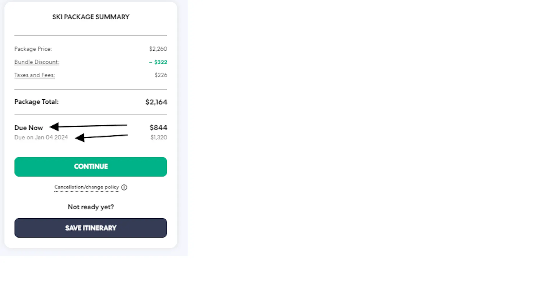 Payment schedule in the Ski Package Summary.