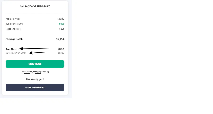Payment schedule in the Ski Package Summary.