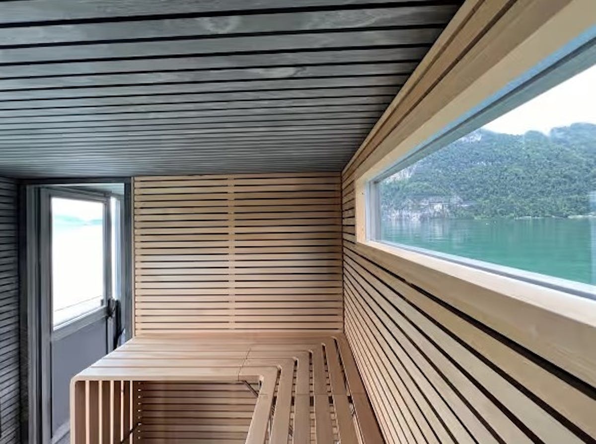 Point of view from inside the Sauna Boat on Lake Thun