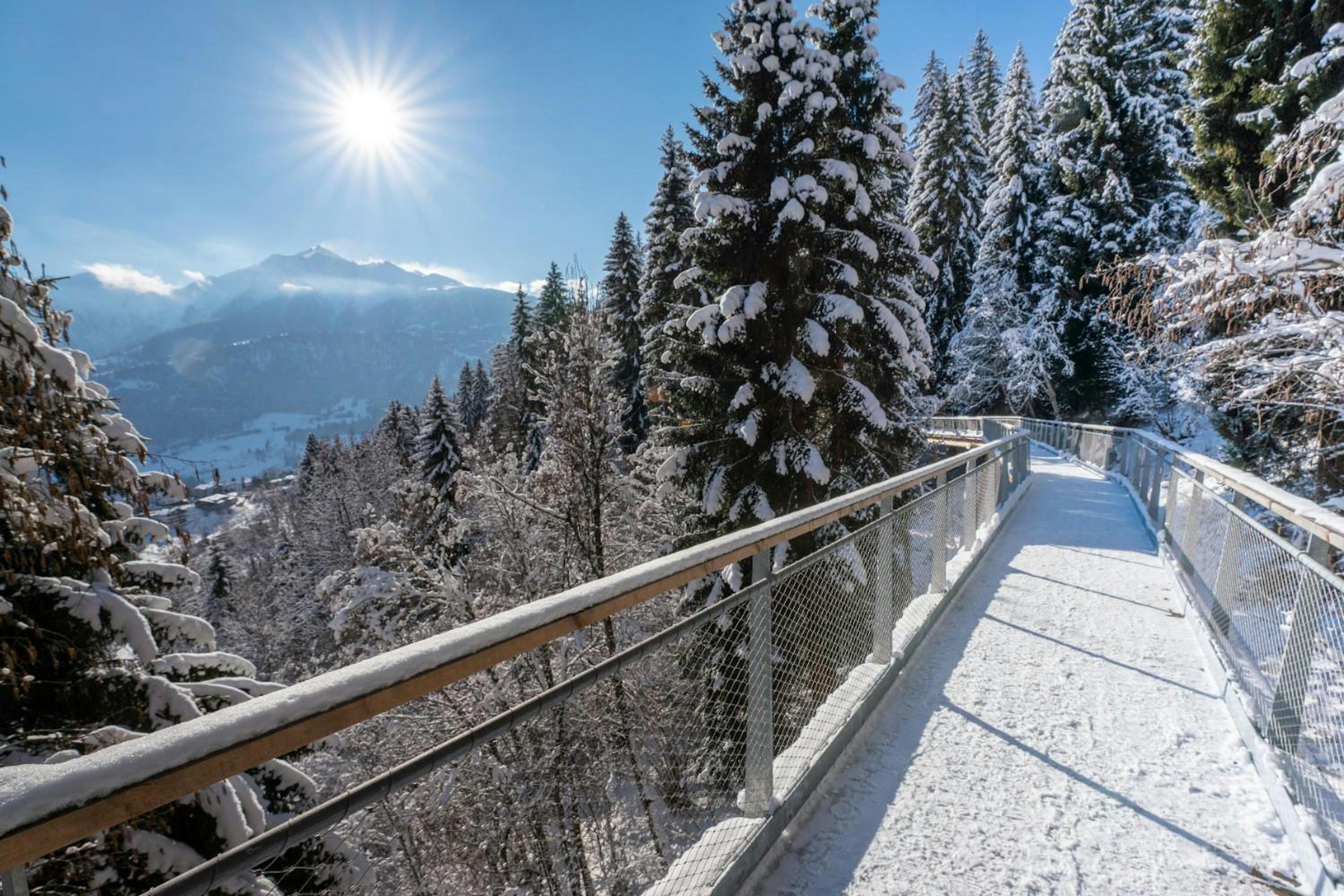 POV walking on the lightly snow-covered Senda dil Dragun treetop walkway with views of mountains and snowy trees on a sunny day