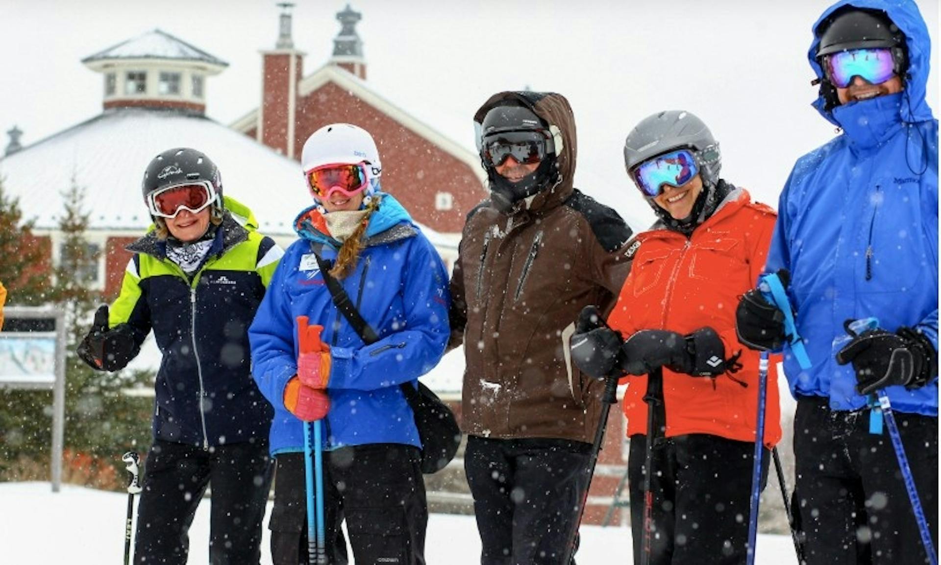 A smiling group of senior skiers at the Boomer Series at Sugarbush Resort