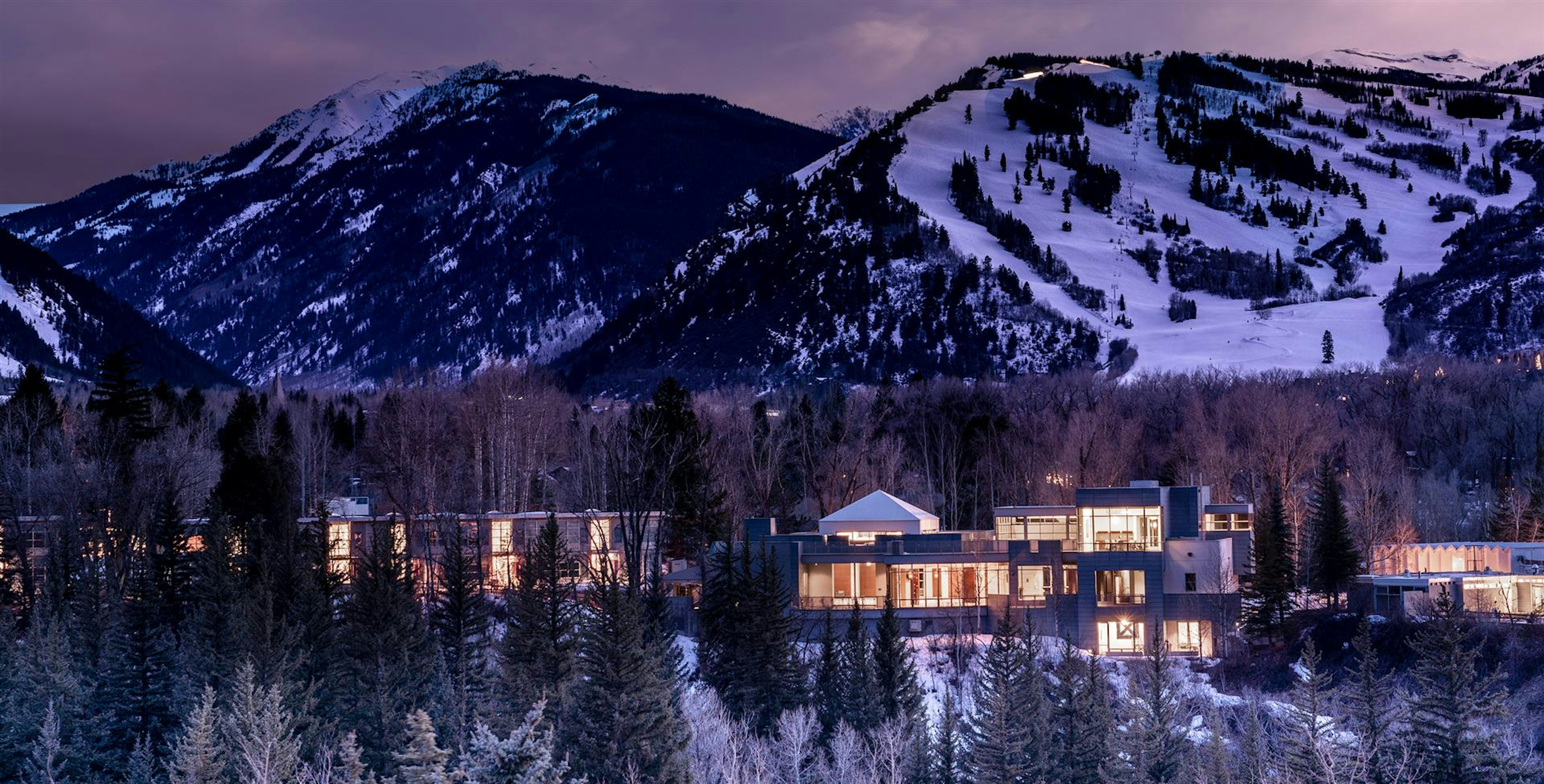 Exterior of Aspen Meadows hotel in the winter