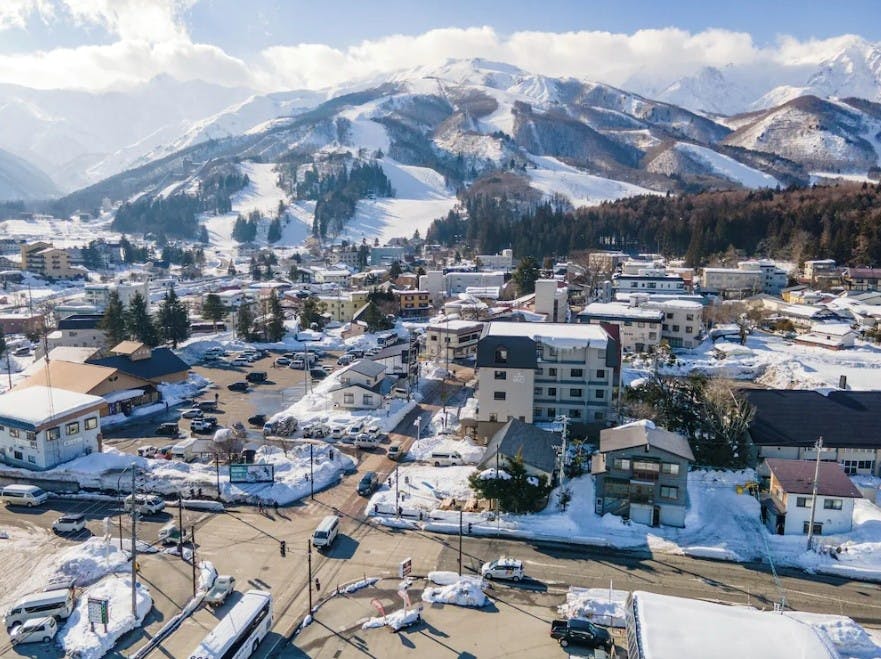 View of the slopes and bus station from the Evo Hotel Hakuba