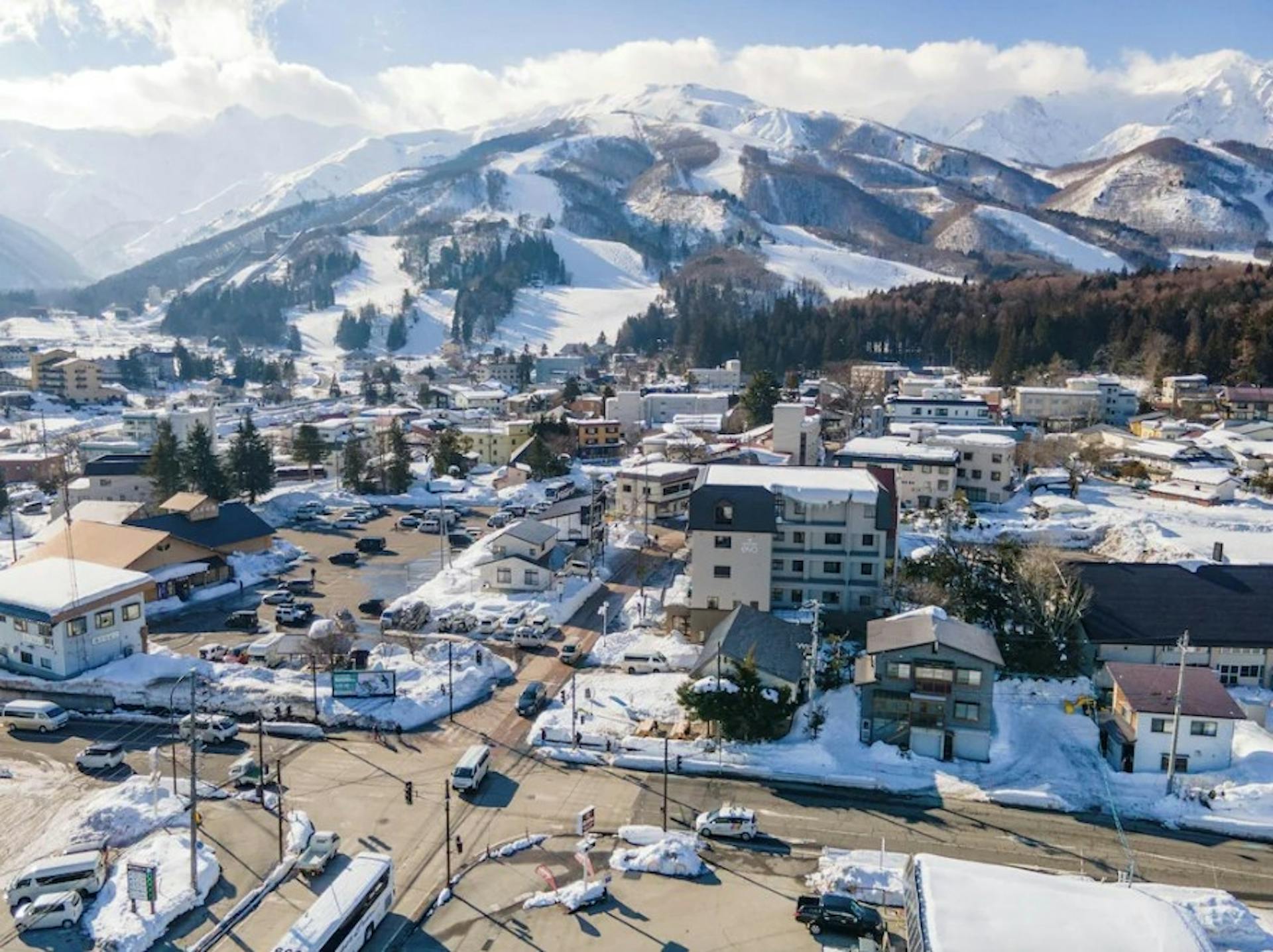 View of the slopes and bus station from the Evo Hotel Hakuba