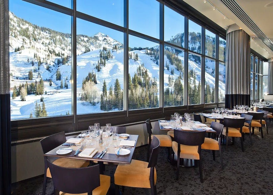 Slopeside views out the panoramic windows at the on-site Aerie restaurant at The Cliff Lodge Snowbird