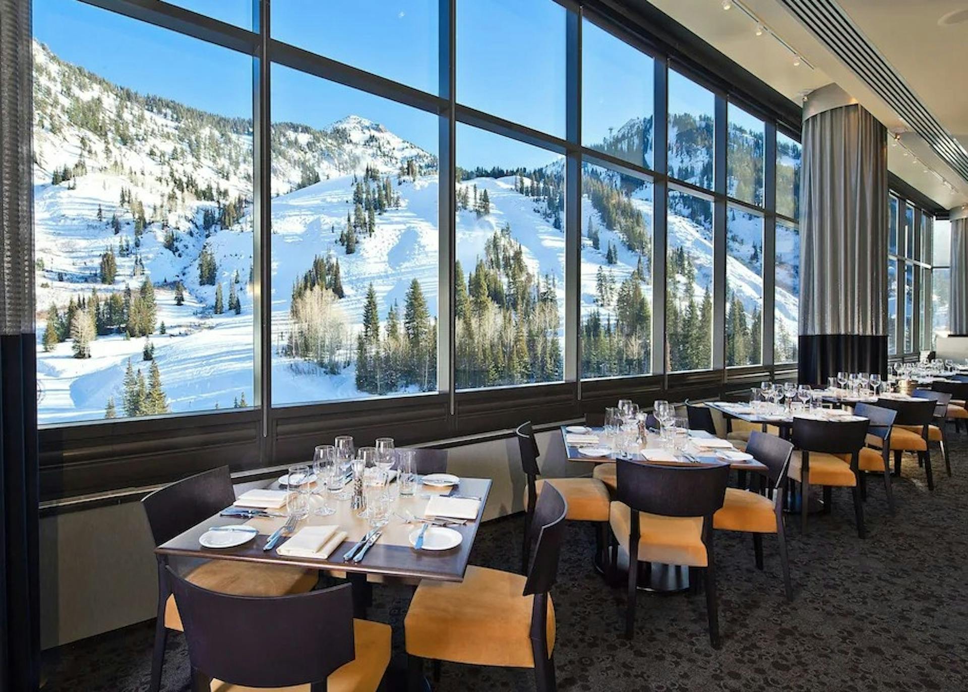Slopeside views out the panoramic windows at the on-site Aerie restaurant at The Cliff Lodge Snowbird