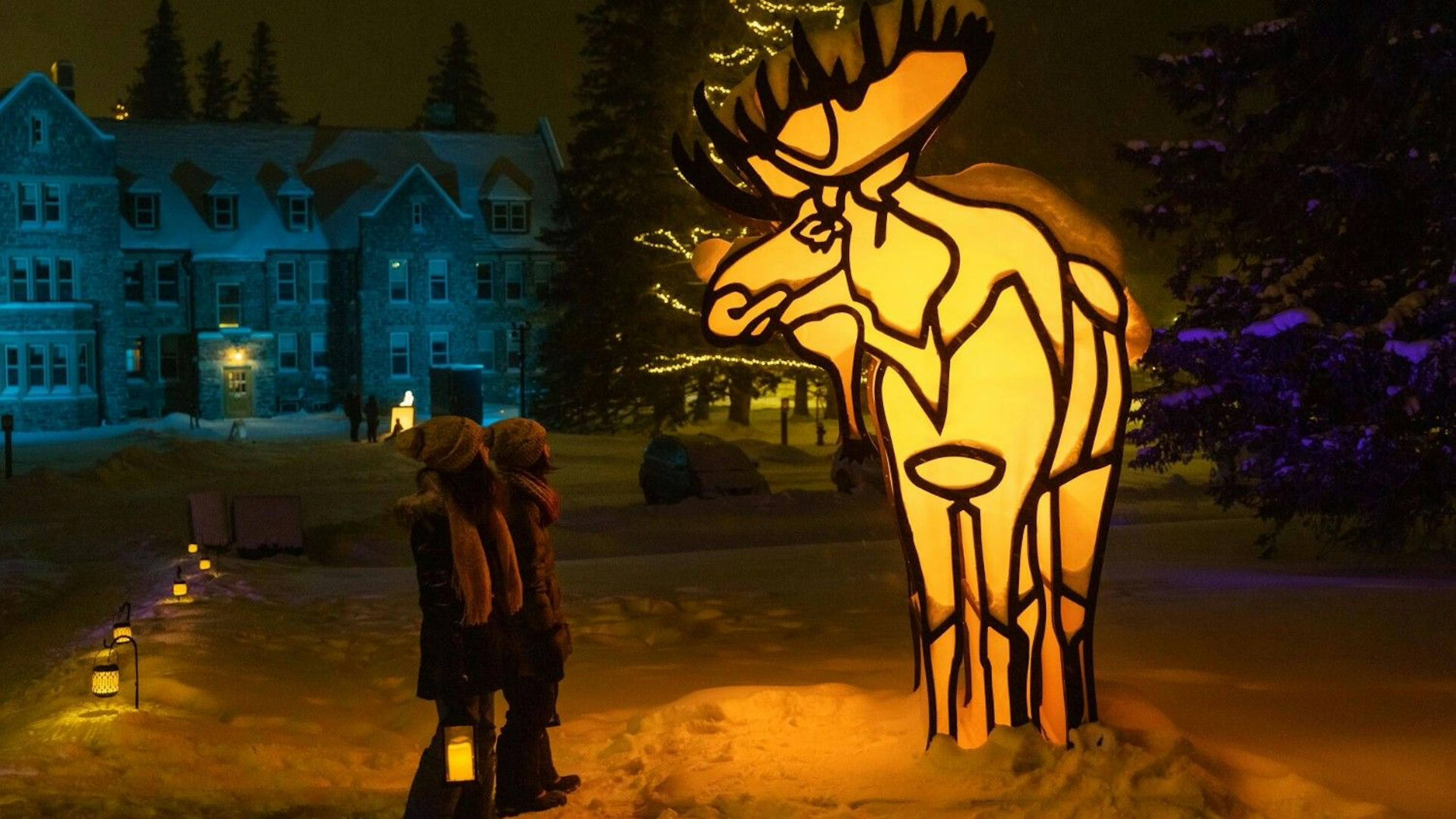 Two people stare up at a moose light sculpture at night during the SnowDays Festival in Banff