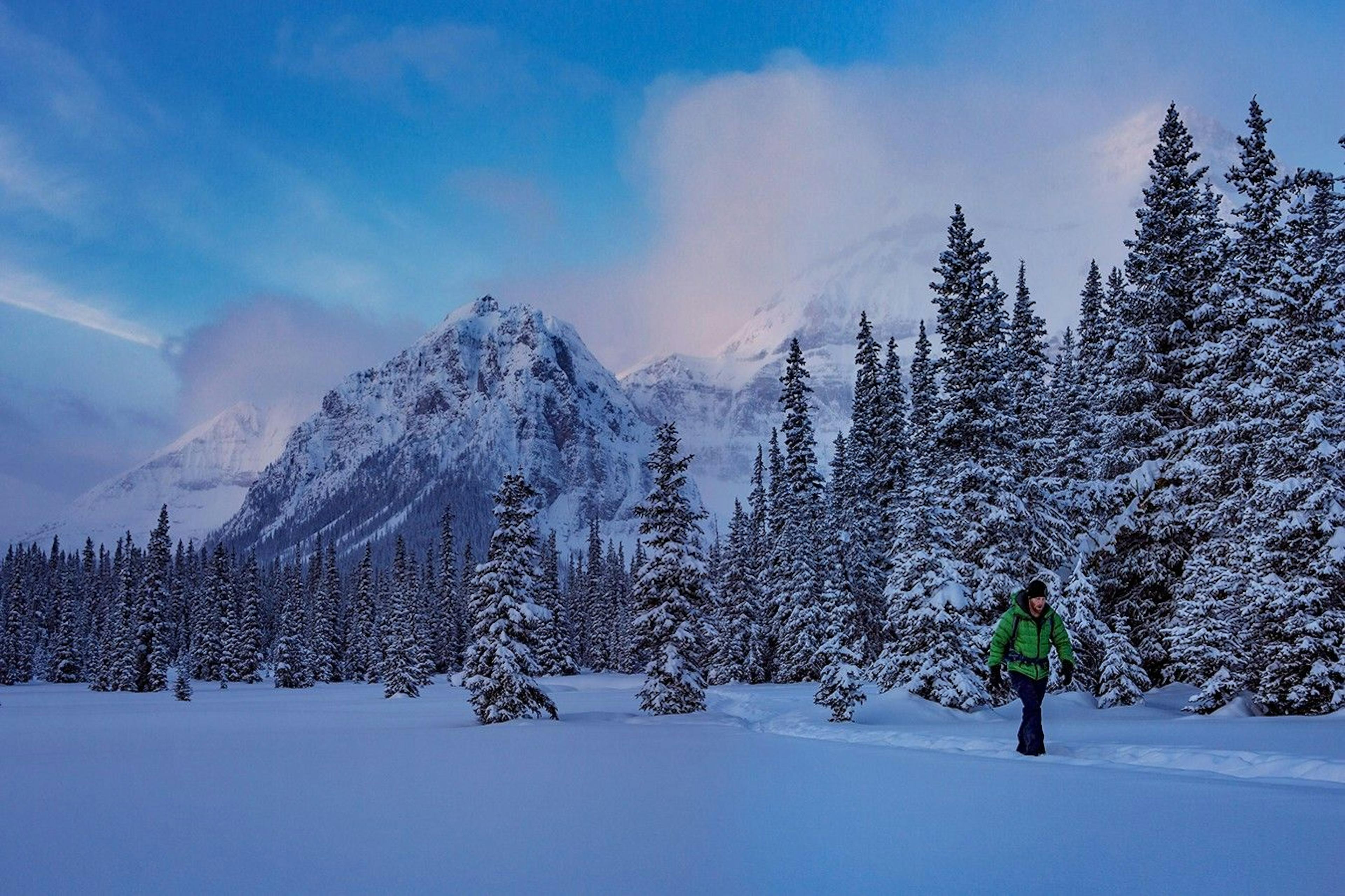Person in snow gear snowshoeing Shadow Lake Trail in Banff National Park, framed by snowy evergreens and alpine mountains 
