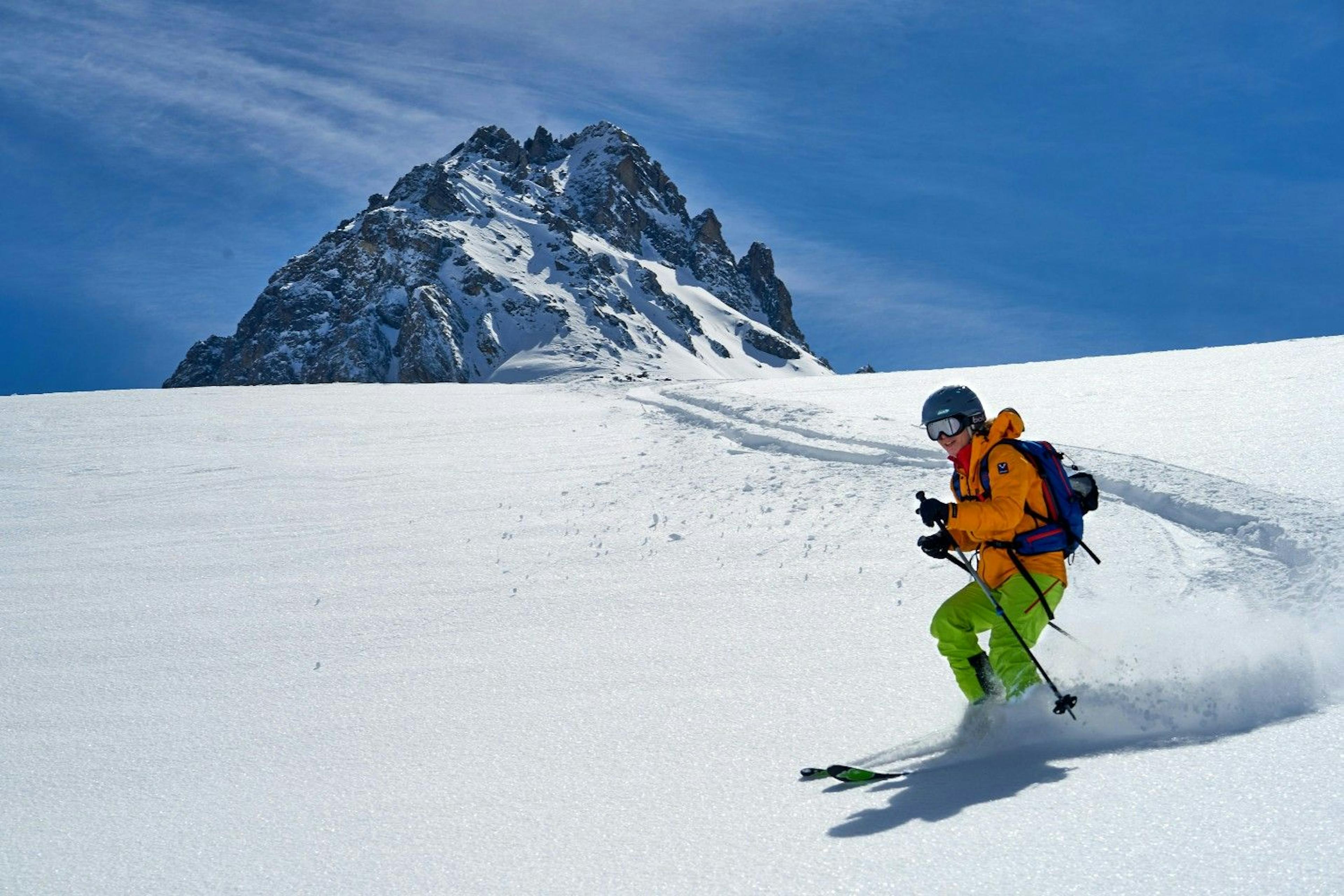 Skier skiing fresh powder in France