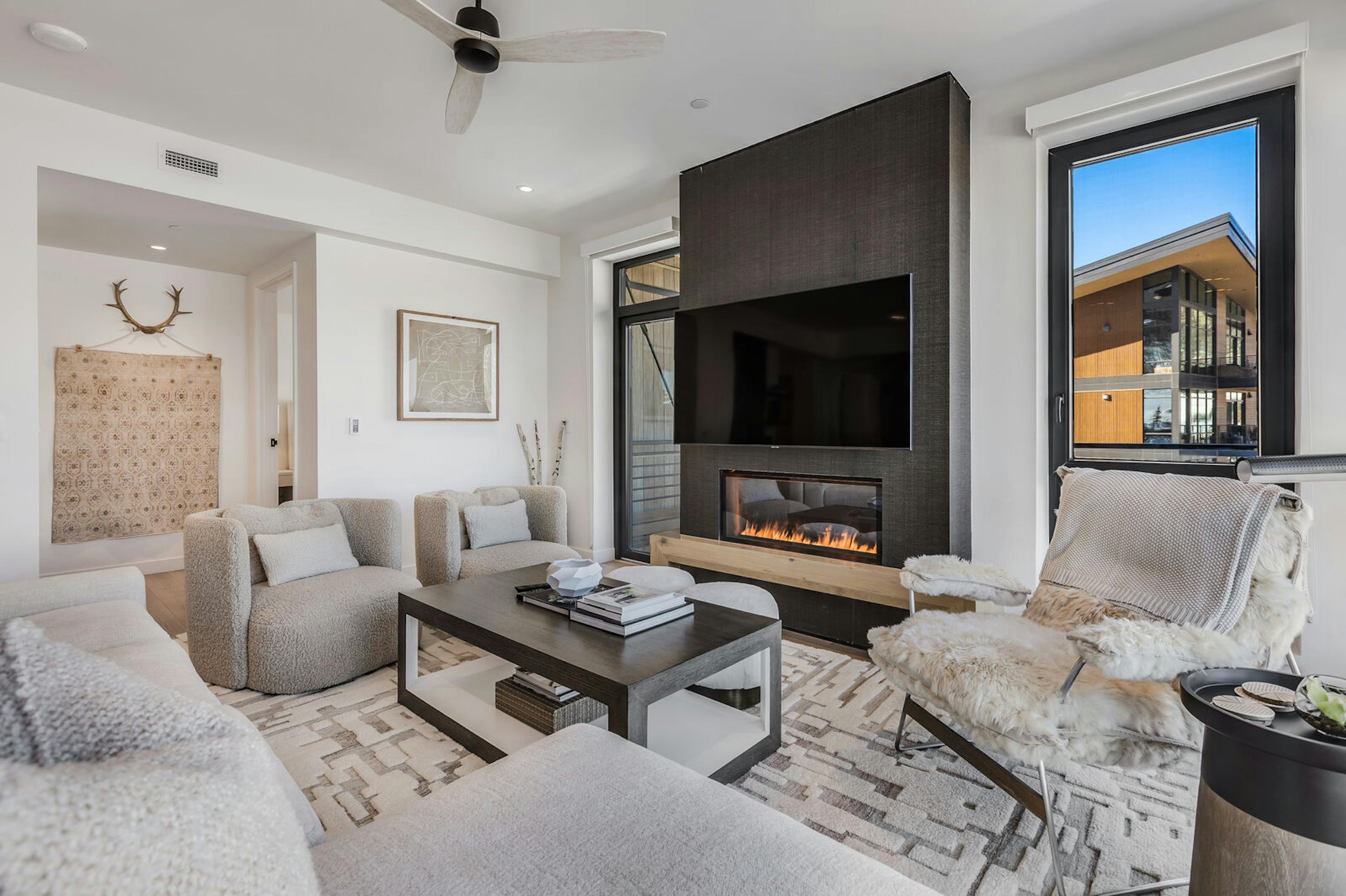 The living room of a unit in Snowmass's newest Electric Pass Lodge.