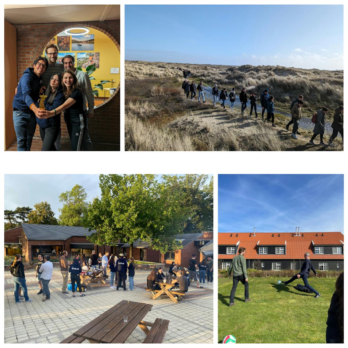 Photos showing different retreat activities, including fun competitions, nature walk and sports.