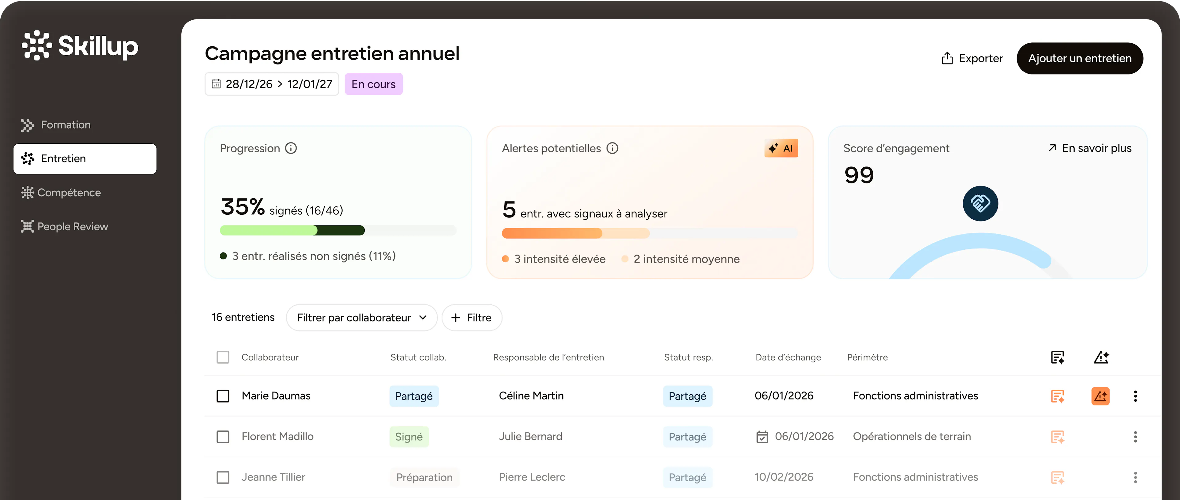 Interface Skillup : suivi d'une campagne d'entretien annuel