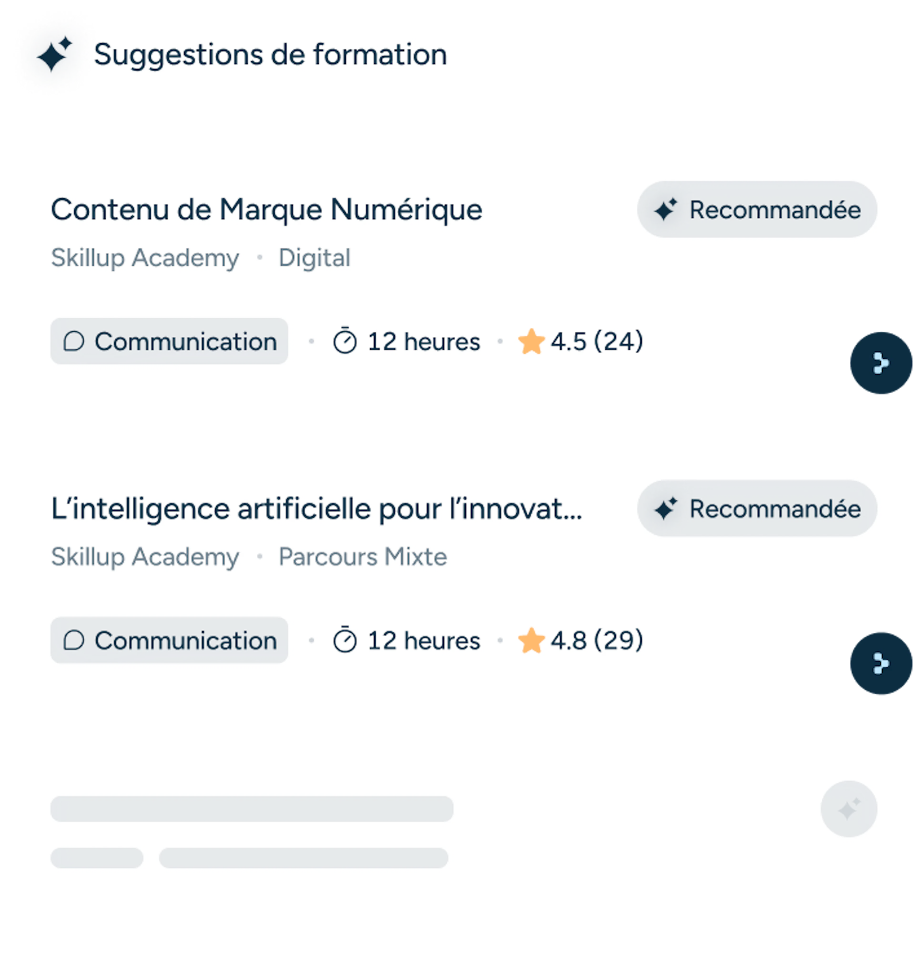Interface Skillup : suggestions de formation proposées par l'IA