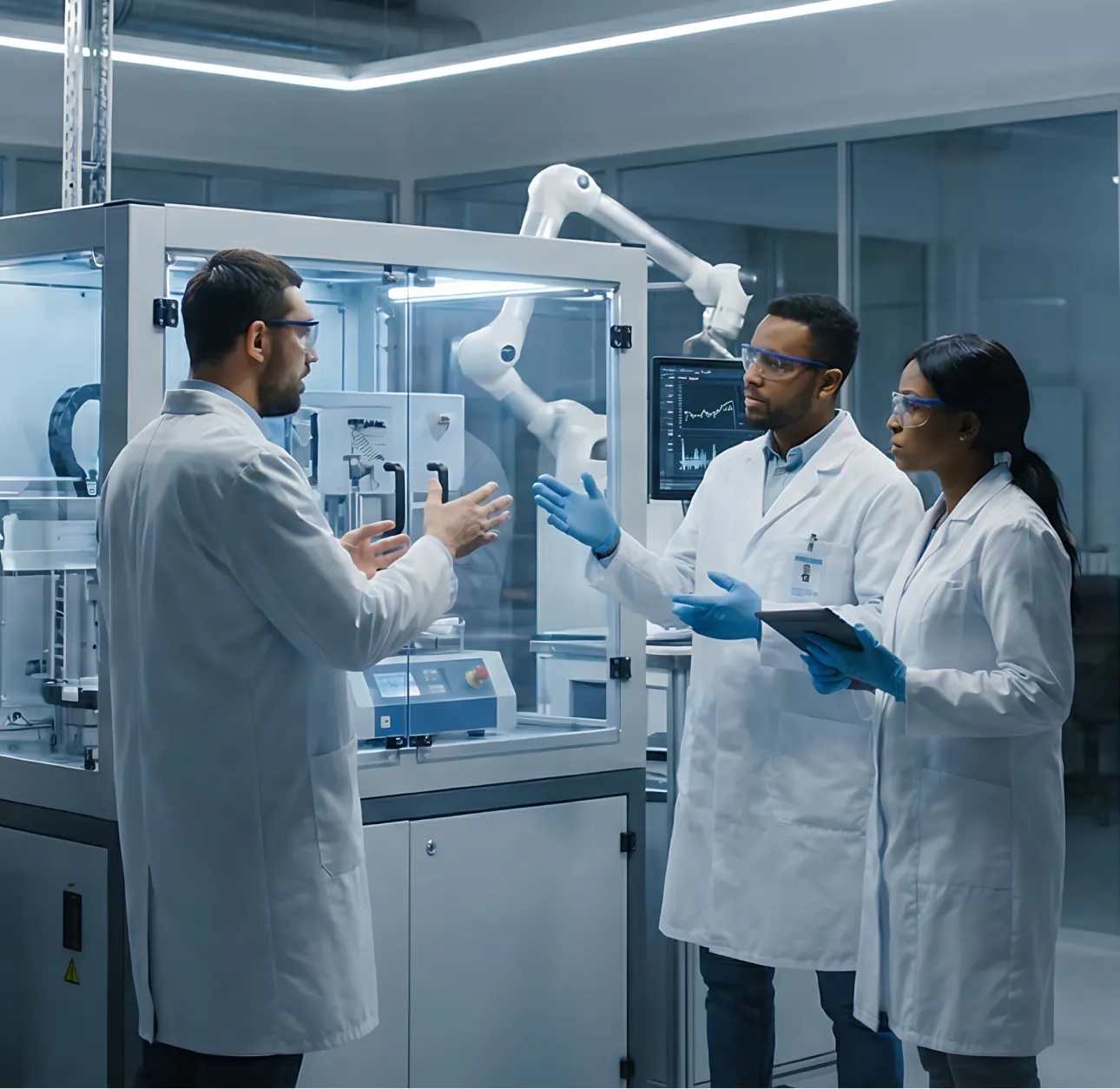 Trois scientifiques en blouse dans un laboratoire de production pharmaceutique