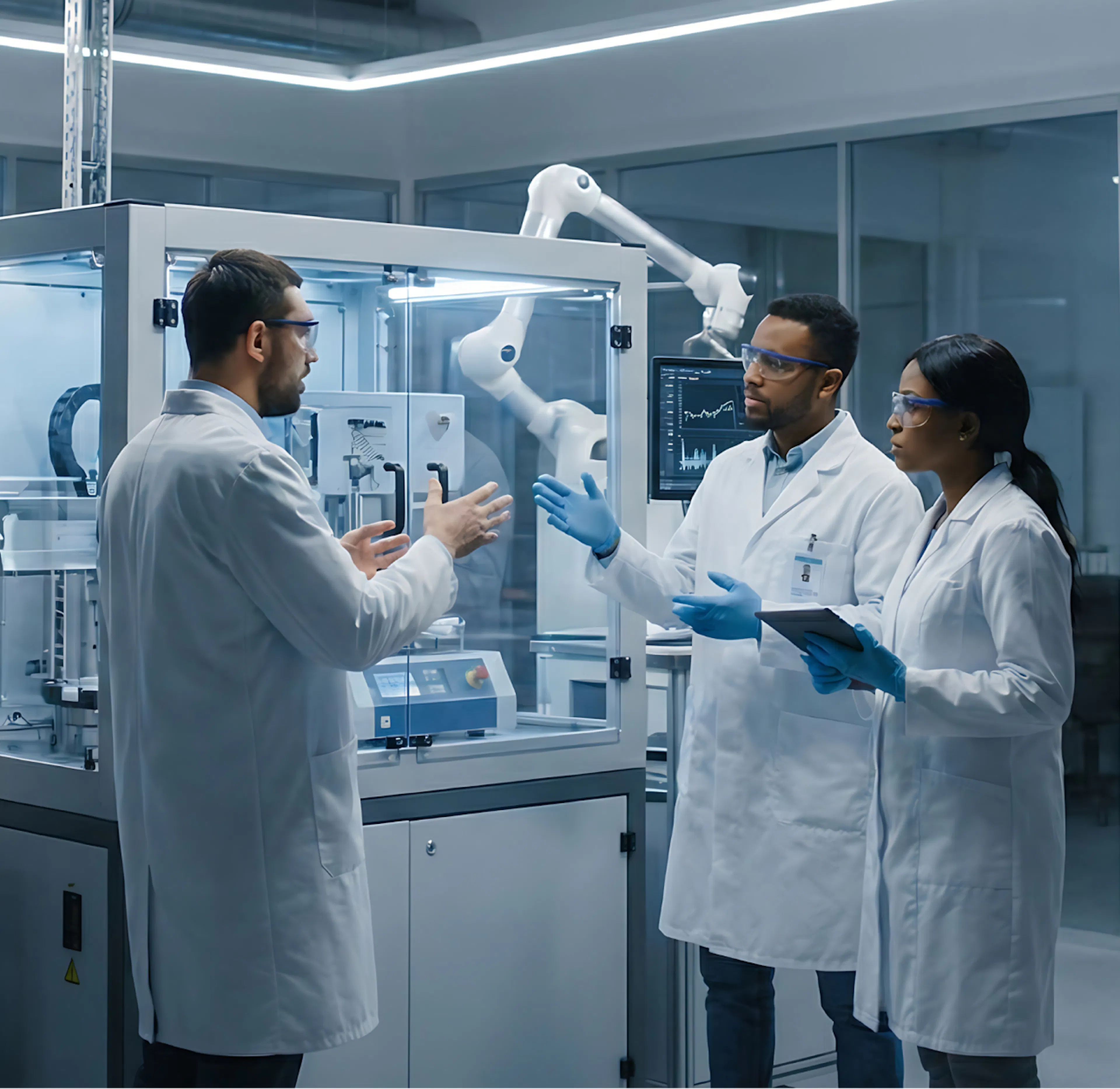 Trois scientifiques en blouse dans un laboratoire de production pharmaceutique